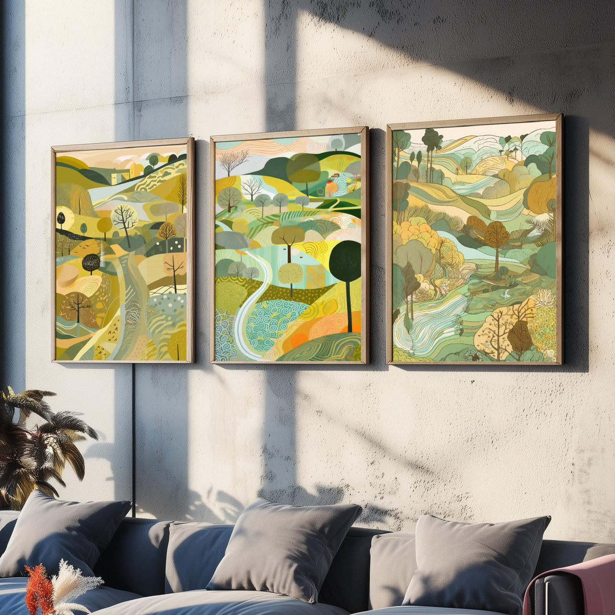 Yellow Green Landscape Drawing Set of Three Art Prints - Trees, Hills and Village - Sunny Folk Countryside Poster Illustration
