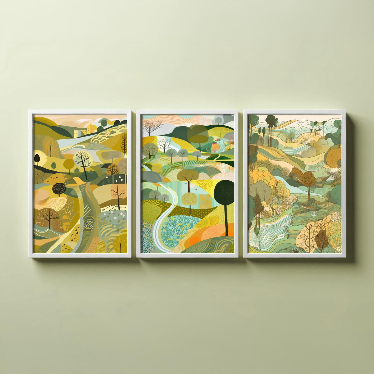 Yellow Green Landscape Drawing Set of Three Art Prints - Trees, Hills and Village - Sunny Folk Countryside Poster Illustration