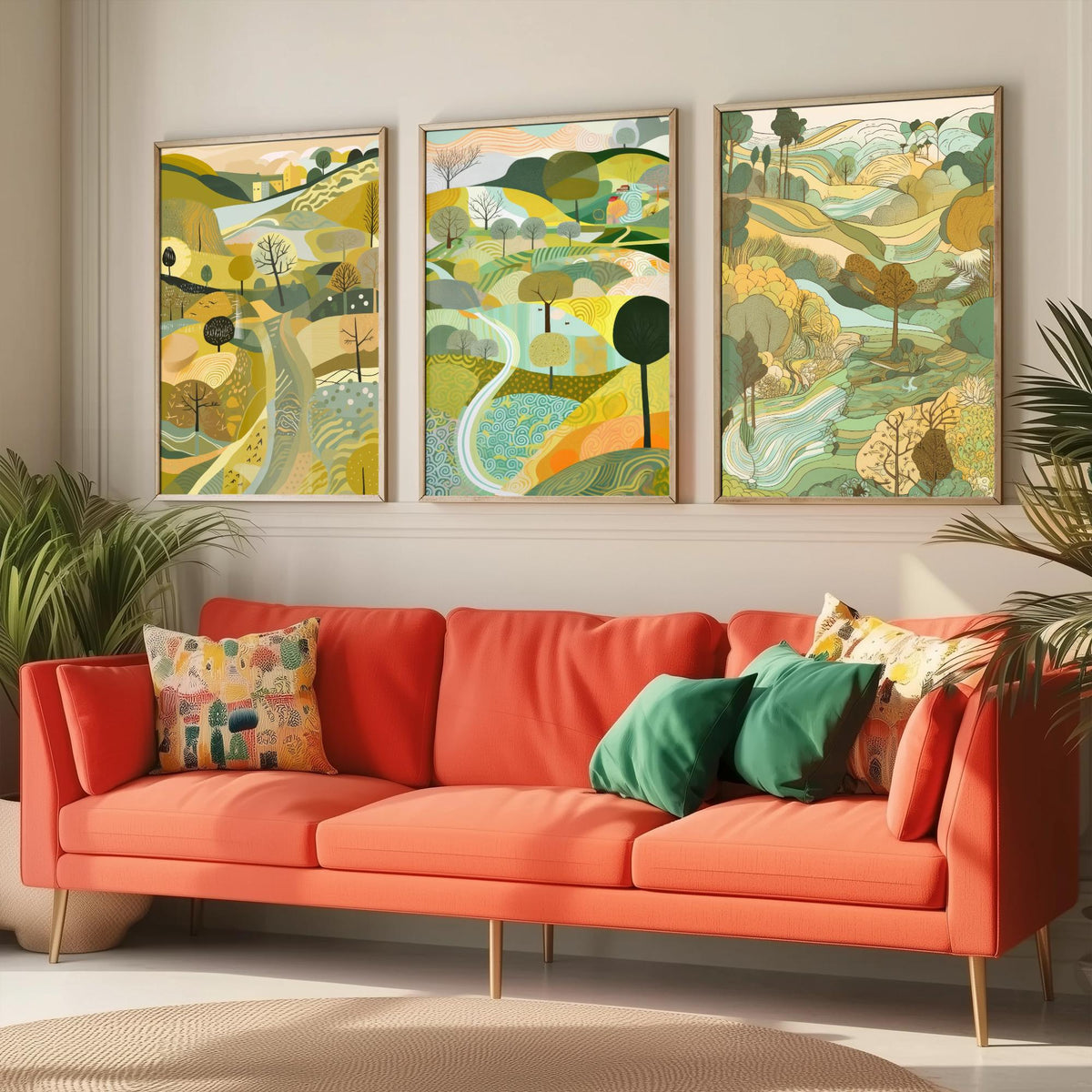Yellow Green Landscape Drawing Set of Three Art Prints - Trees, Hills and Village - Sunny Folk Countryside Poster Illustration