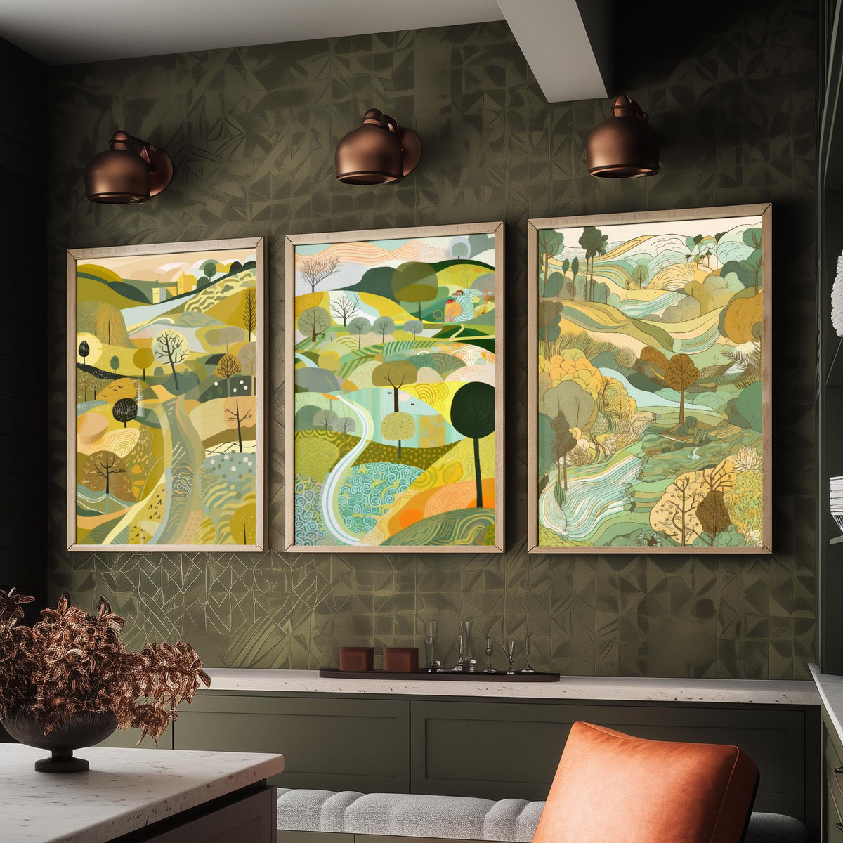 Yellow Green Landscape Drawing Set of Three Art Prints - Trees, Hills and Village - Sunny Folk Countryside Poster Illustration