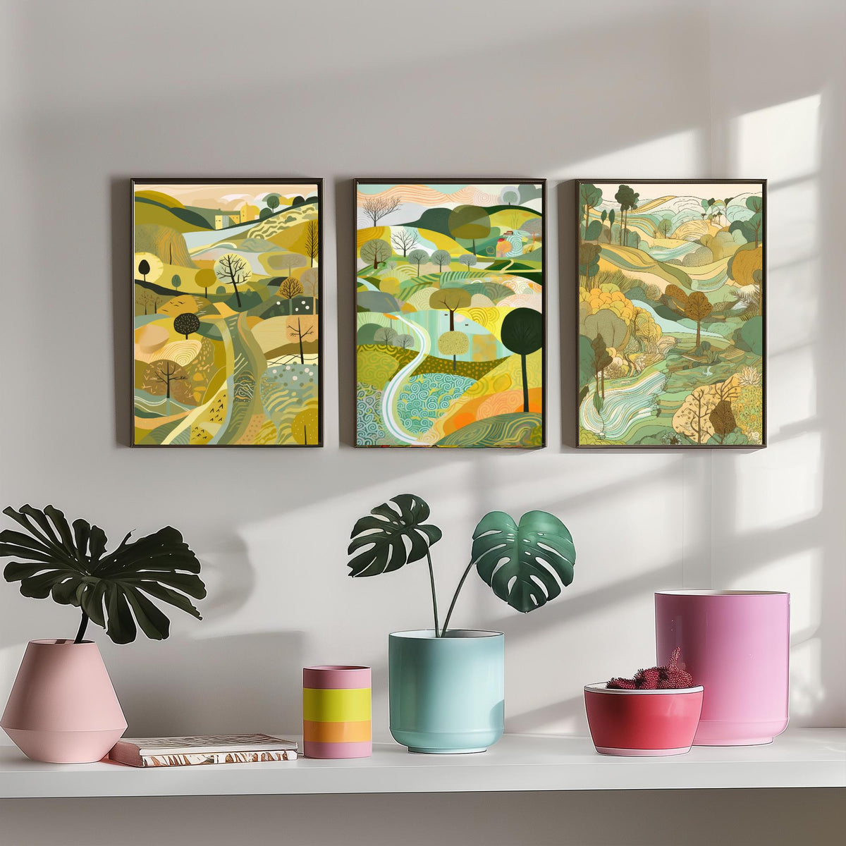 Yellow Green Landscape Drawing Set of Three Art Prints - Trees, Hills and Village - Sunny Folk Countryside Poster Illustration