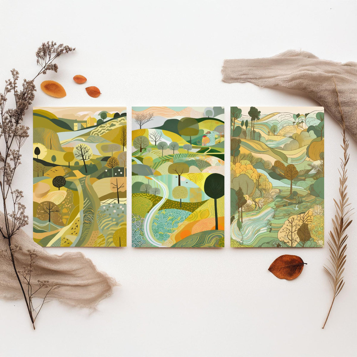 Yellow Green Landscape Drawing Set of Three Art Prints - Trees, Hills and Village - Sunny Folk Countryside Poster Illustration