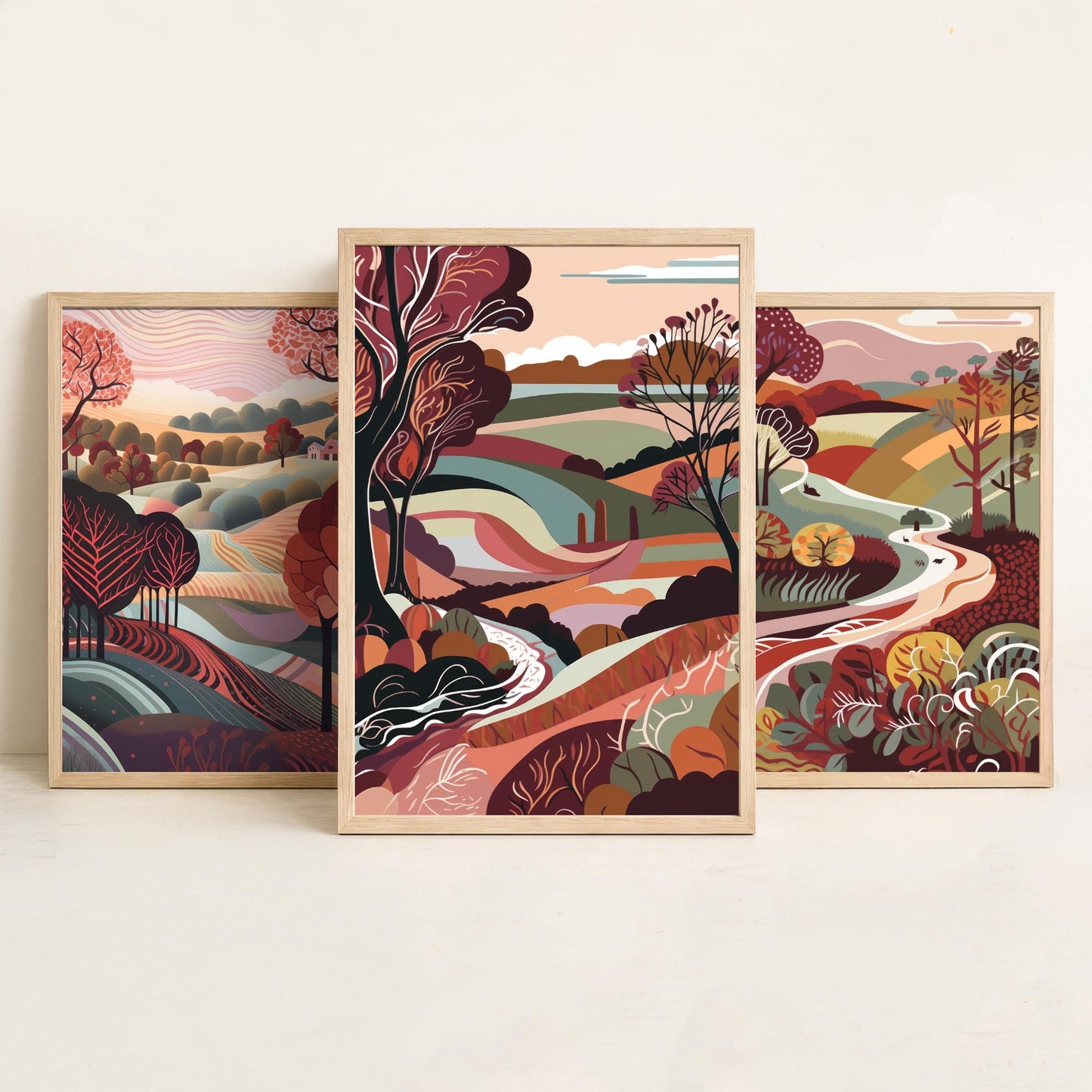 A Landscape in Maroon Set of Three Art Prints - 3 Folk Art Rolling Hills Posters - Burgundy Autumn Countryside Illustration