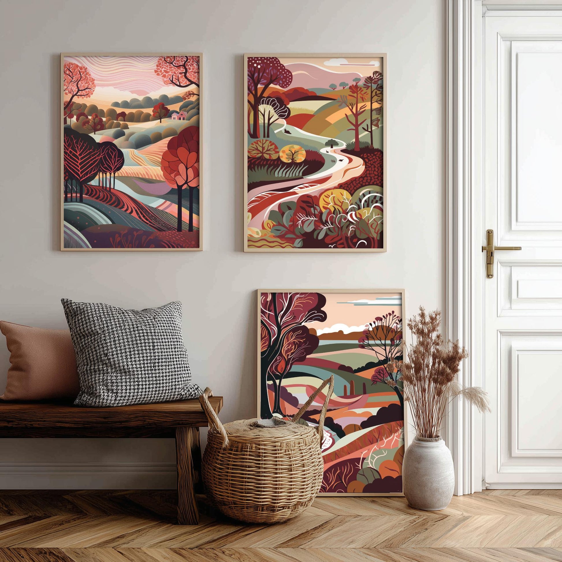 A Landscape in Maroon Set of Three Art Prints - 3 Folk Art Rolling Hills Posters - Burgundy Autumn Countryside Illustration
