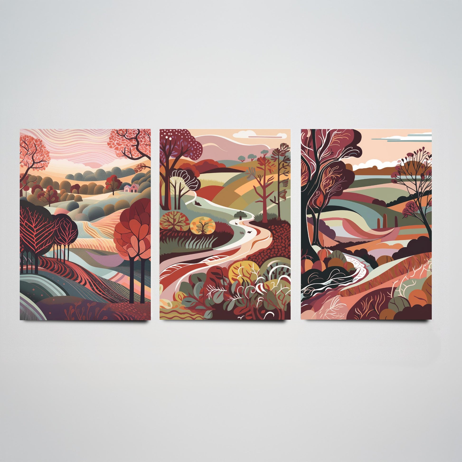 A Landscape in Maroon Set of Three Art Prints - 3 Folk Art Rolling Hills Posters - Burgundy Autumn Countryside Illustration