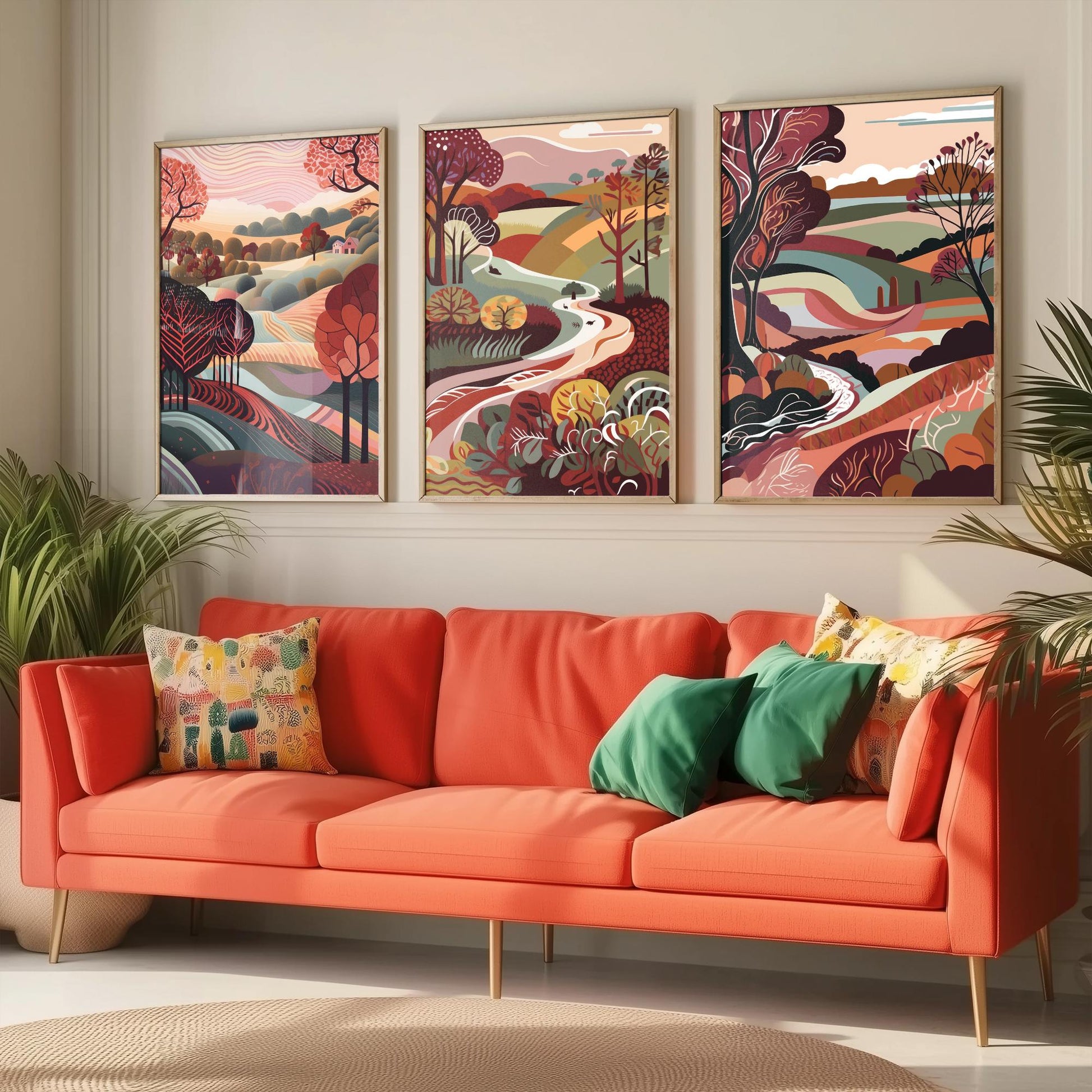 A Landscape in Maroon Set of Three Art Prints - 3 Folk Art Rolling Hills Posters - Burgundy Autumn Countryside Illustration