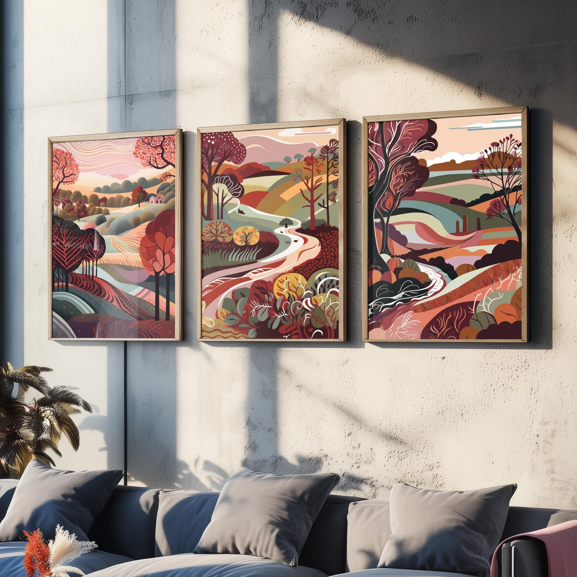 A Landscape in Maroon Set of Three Art Prints - 3 Folk Art Rolling Hills Posters - Burgundy Autumn Countryside Illustration