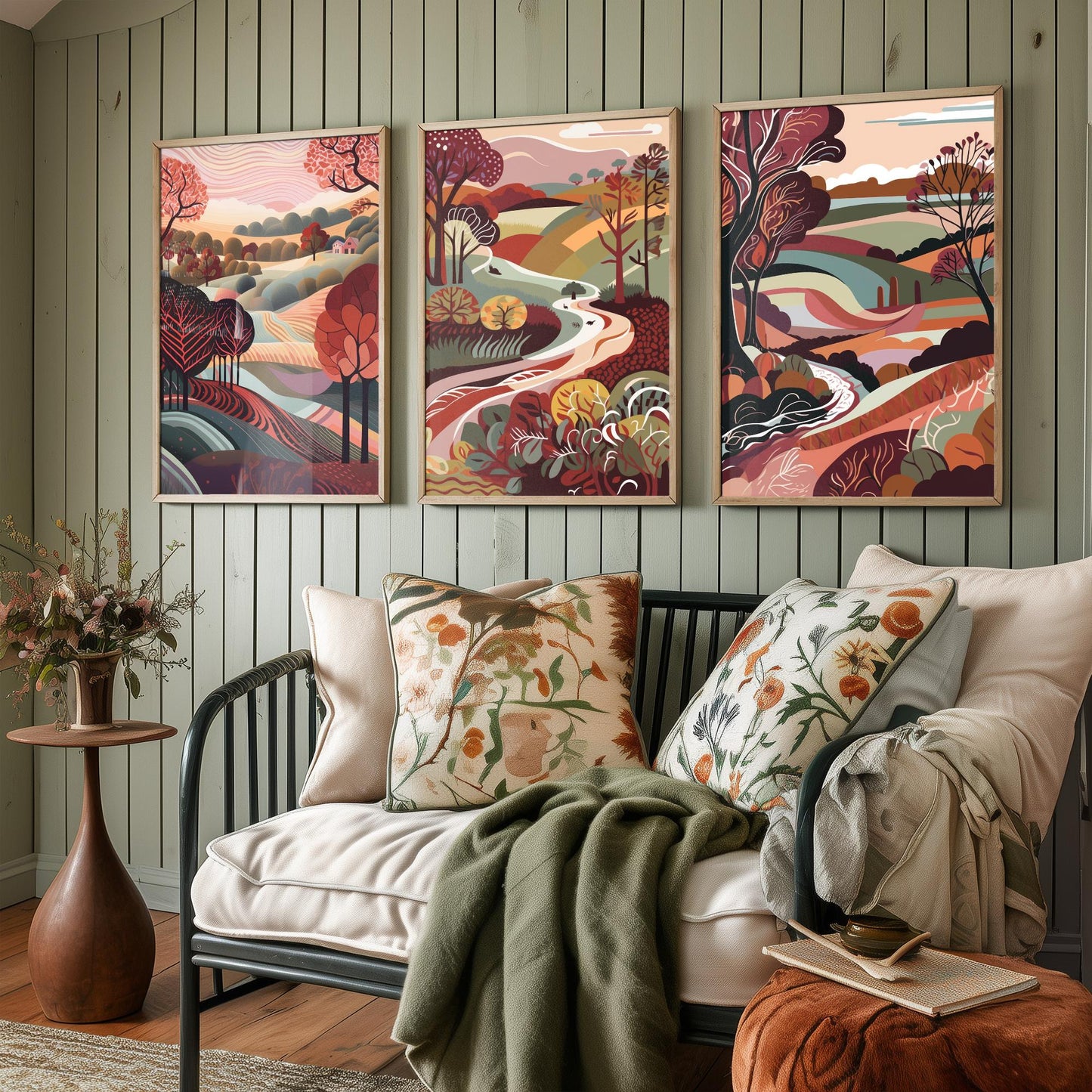 A Landscape in Maroon Set of Three Art Prints - 3 Folk Art Rolling Hills Posters - Burgundy Autumn Countryside Illustration