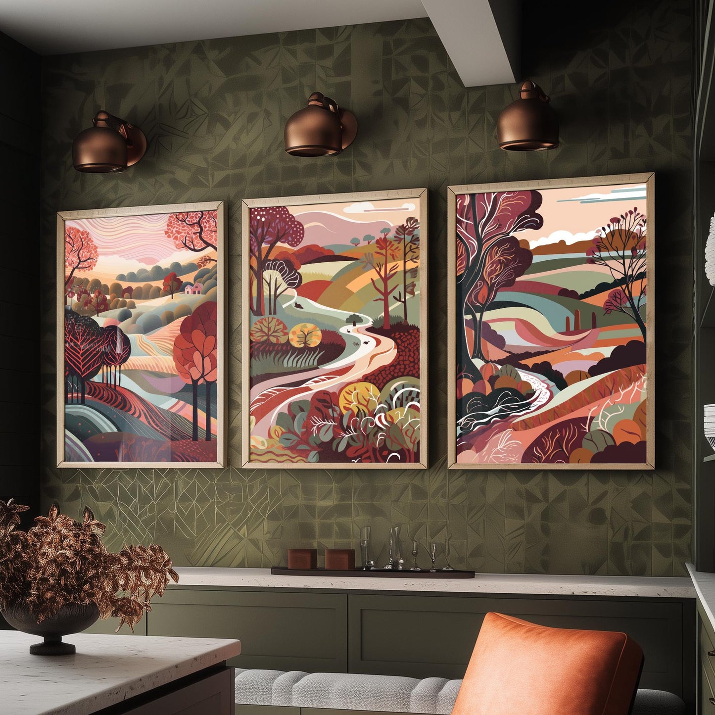 A Landscape in Maroon Set of Three Art Prints - 3 Folk Art Rolling Hills Posters - Burgundy Autumn Countryside Illustration