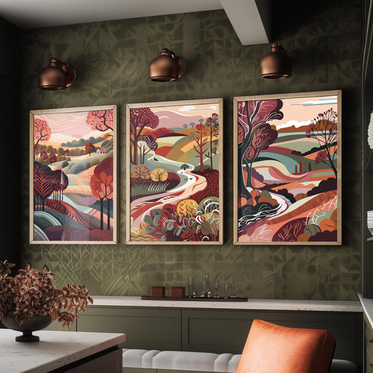 A Landscape in Maroon Set of Three Art Prints - 3 Folk Art Rolling Hills Posters - Burgundy Autumn Countryside Illustration
