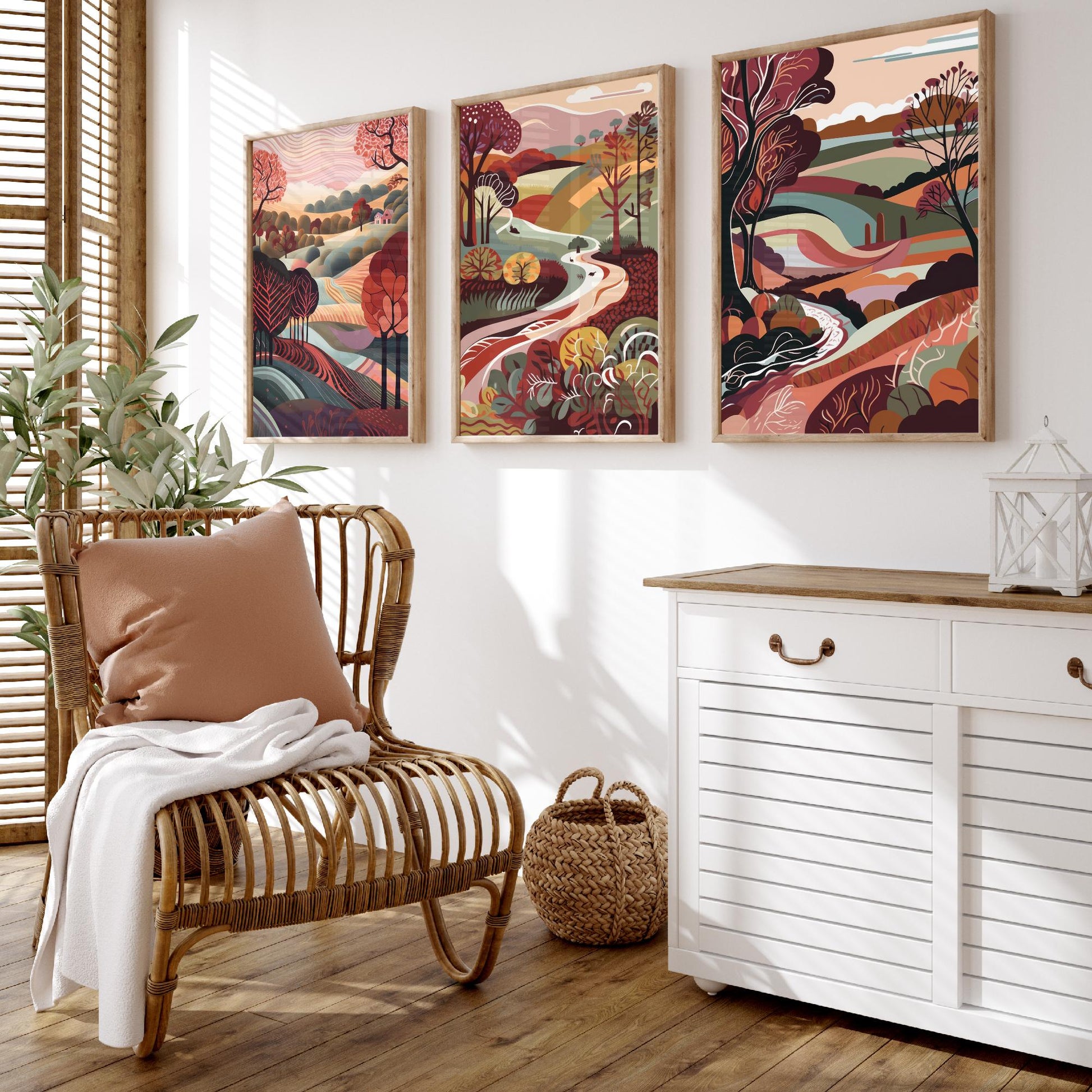 A Landscape in Maroon Set of Three Art Prints - 3 Folk Art Rolling Hills Posters - Burgundy Autumn Countryside Illustration