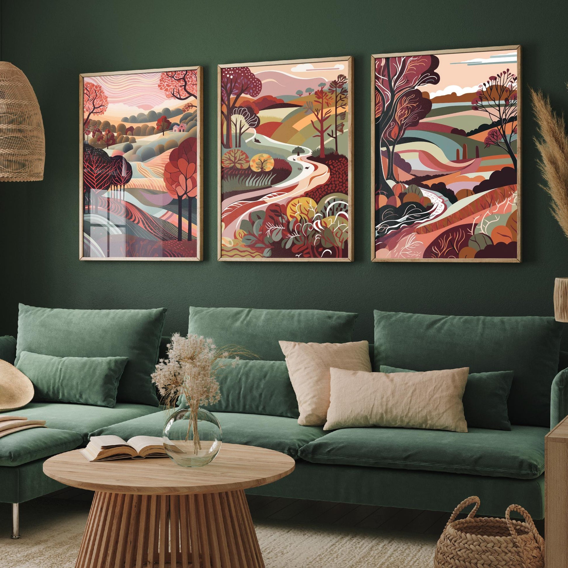 A Landscape in Maroon Set of Three Art Prints - 3 Folk Art Rolling Hills Posters - Burgundy Autumn Countryside Illustration