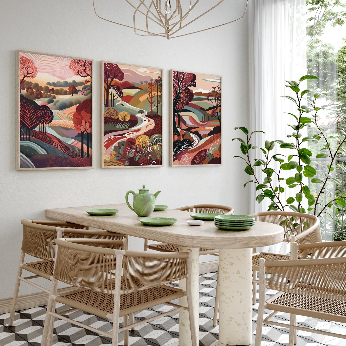 A Landscape in Maroon Set of Three Art Prints - 3 Folk Art Rolling Hills Posters - Burgundy Autumn Countryside Illustration