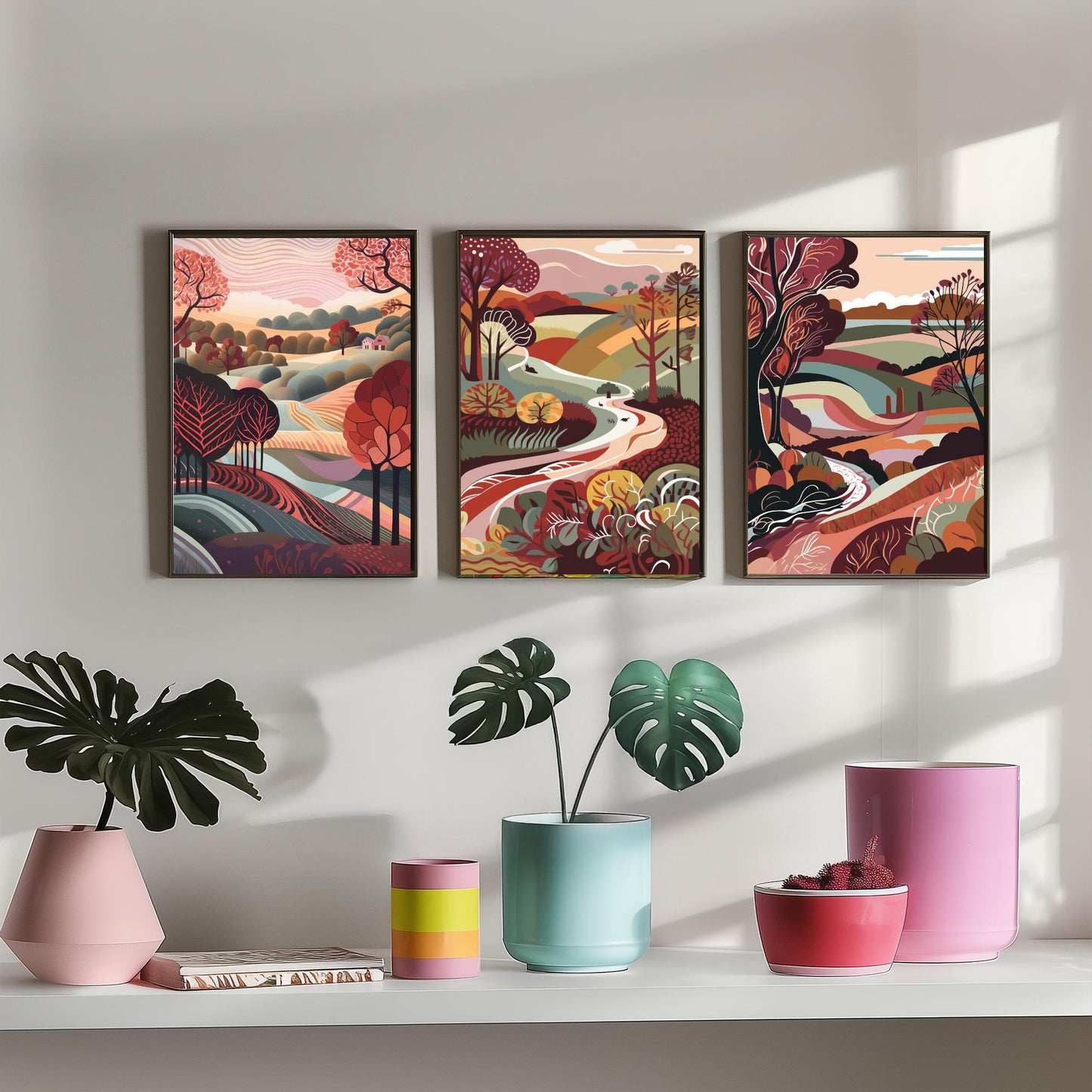 A Landscape in Maroon Set of Three Art Prints - 3 Folk Art Rolling Hills Posters - Burgundy Autumn Countryside Illustration