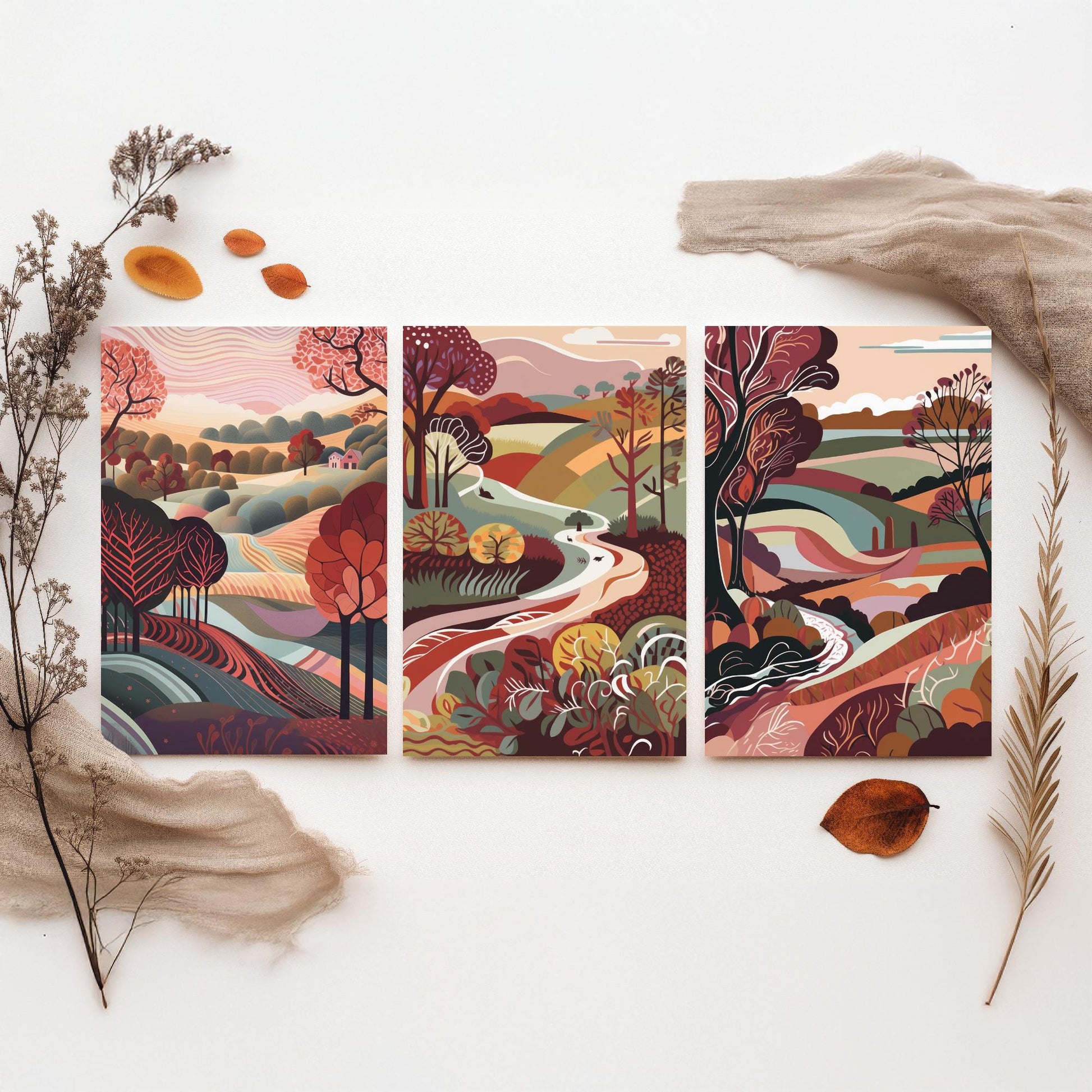 A Landscape in Maroon Set of Three Art Prints - 3 Folk Art Rolling Hills Posters - Burgundy Autumn Countryside Illustration