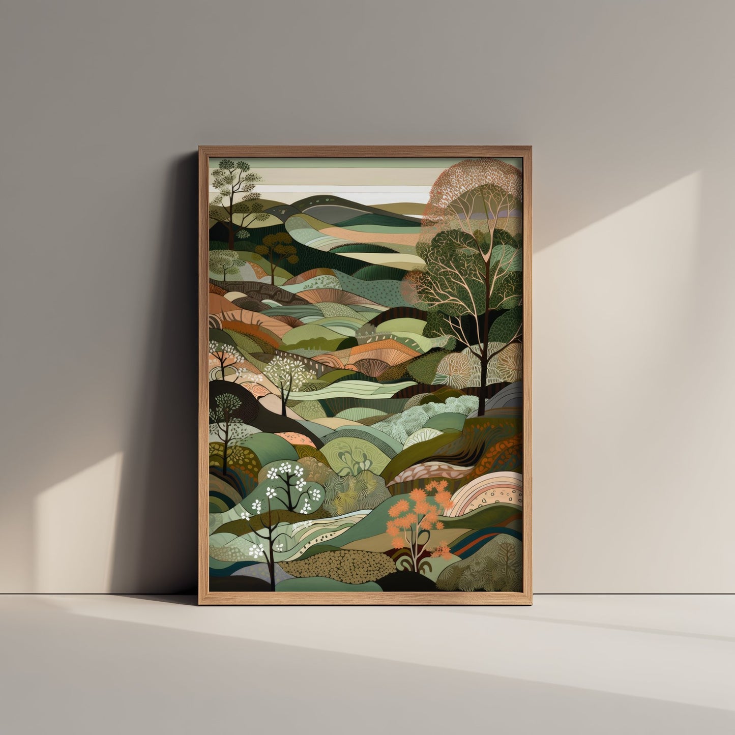 Olive Green Landscape Art Print - Folk Art Hills Illustration - Patchwork Countryside Poster 1/3