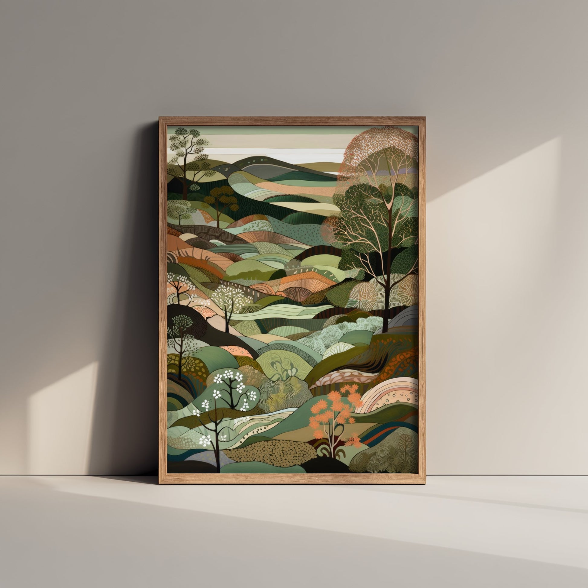 Olive Green Landscape Art Print - Folk Art Hills Illustration - Patchwork Countryside Poster 1/3