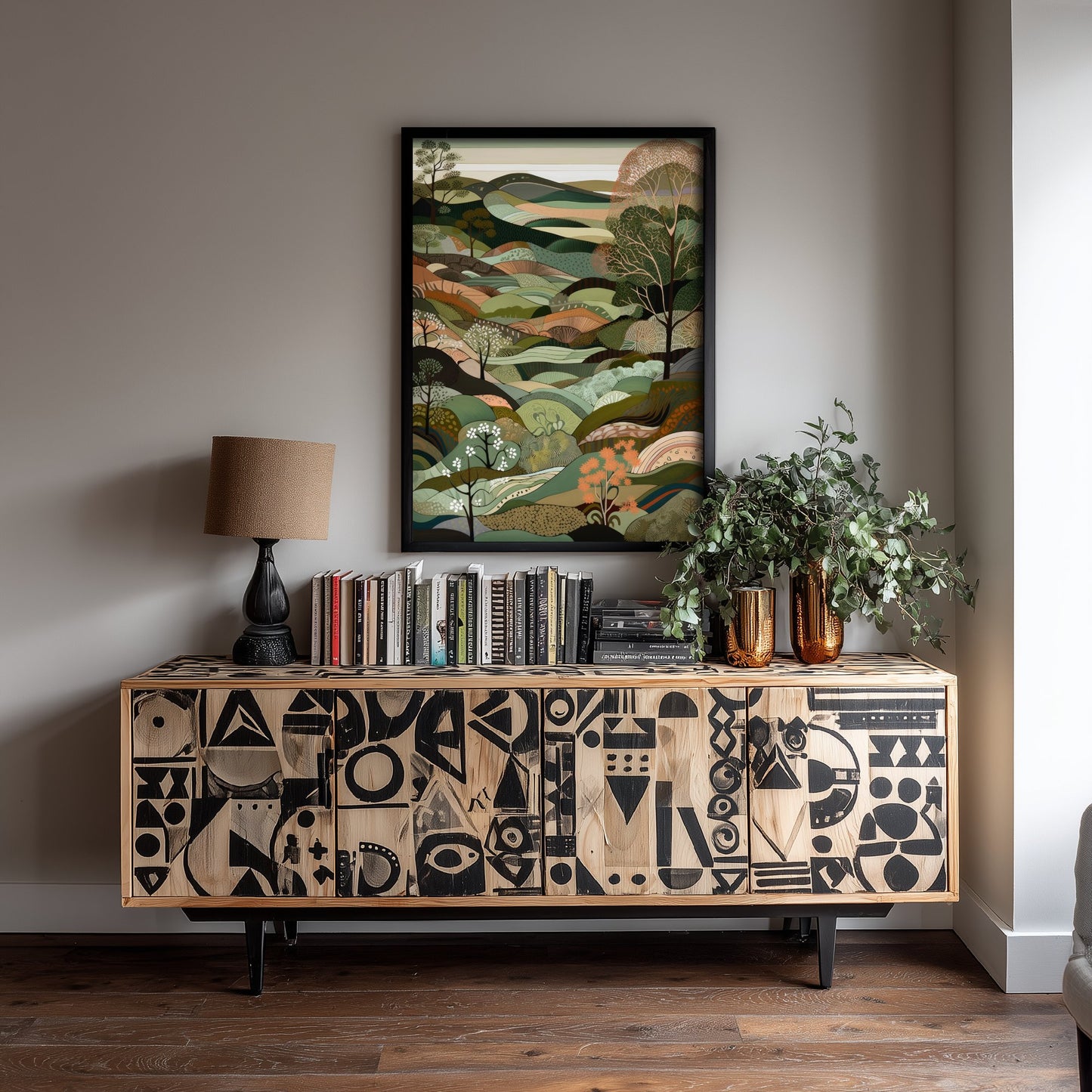 Olive Green Landscape Art Print - Folk Art Hills Illustration - Patchwork Countryside Poster 1/3