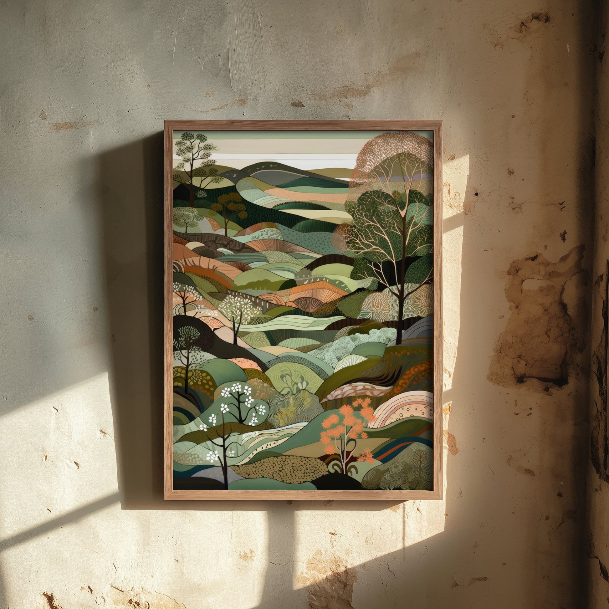 Olive Green Landscape Art Print - Folk Art Hills Illustration - Patchwork Countryside Poster 1/3