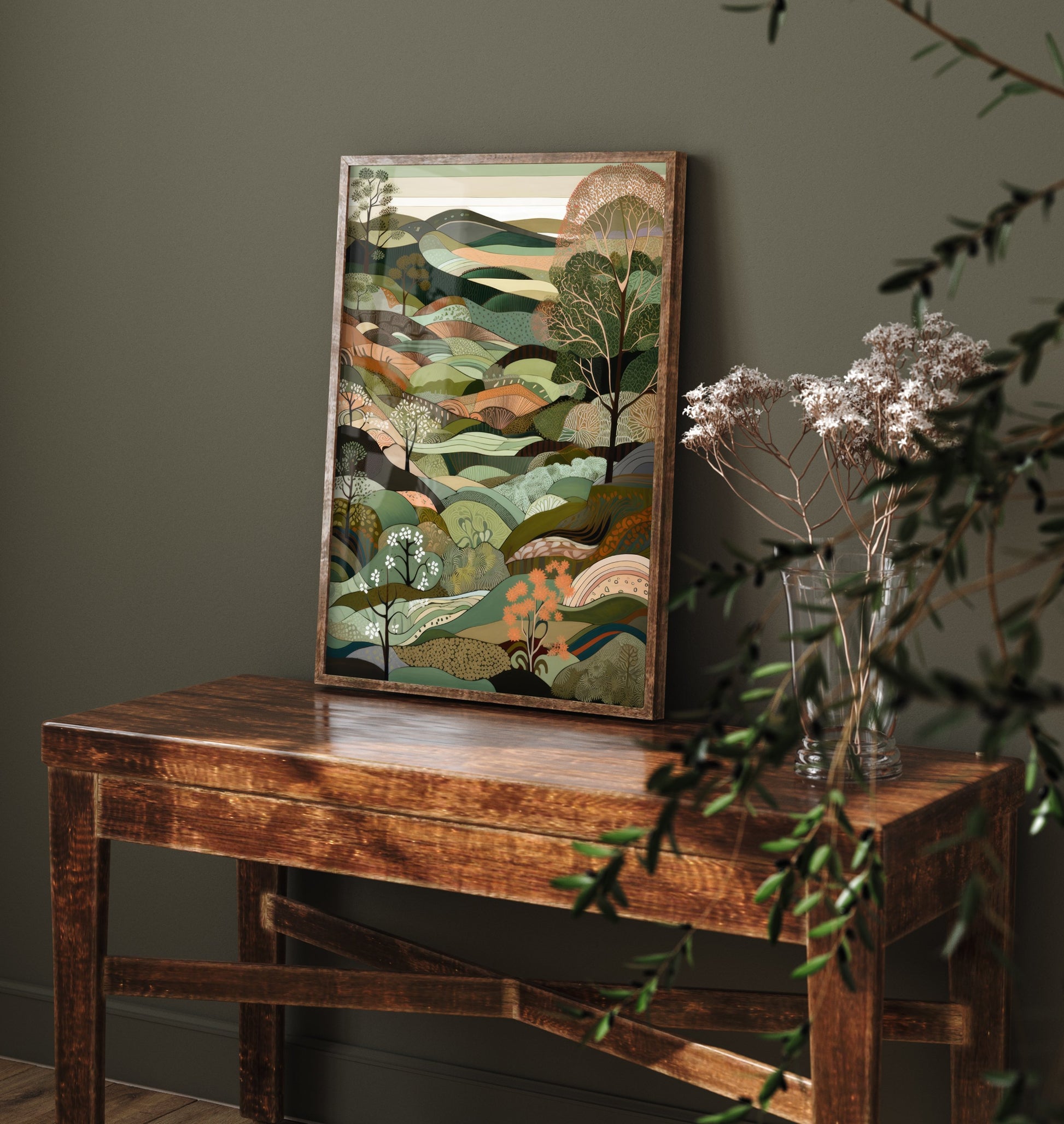 Olive Green Landscape Art Print - Folk Art Hills Illustration - Patchwork Countryside Poster 1/3