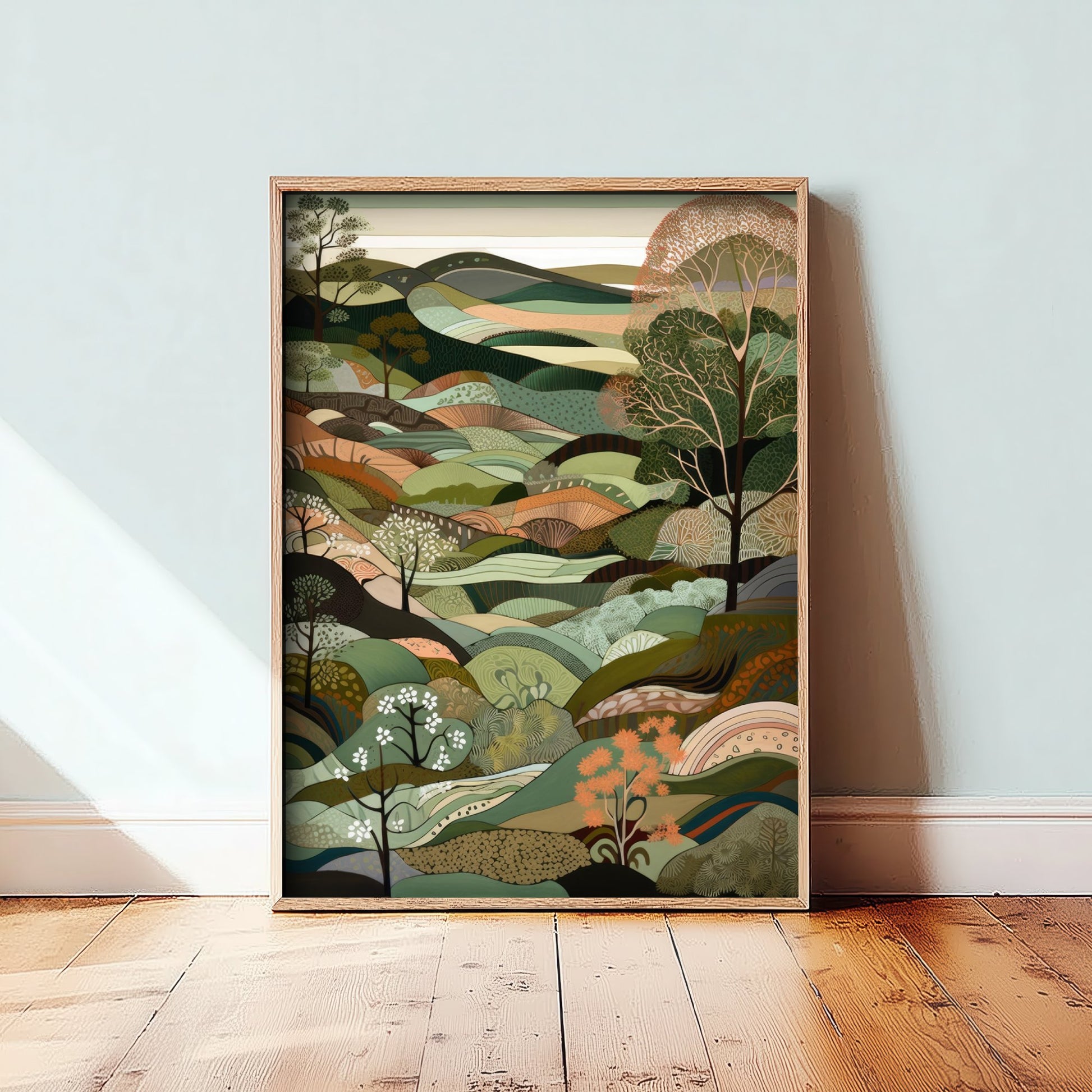 Olive Green Landscape Art Print - Folk Art Hills Illustration - Patchwork Countryside Poster 1/3