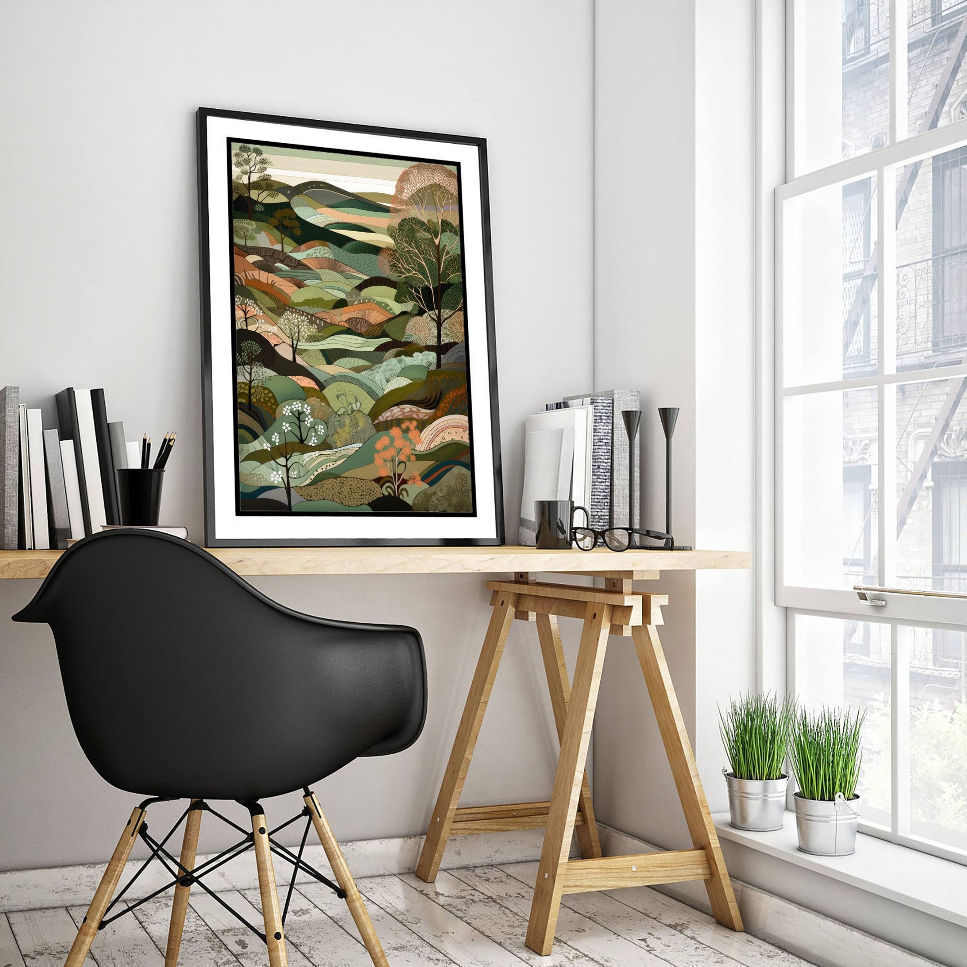 Olive Green Landscape Art Print - Folk Art Hills Illustration - Patchwork Countryside Poster 1/3
