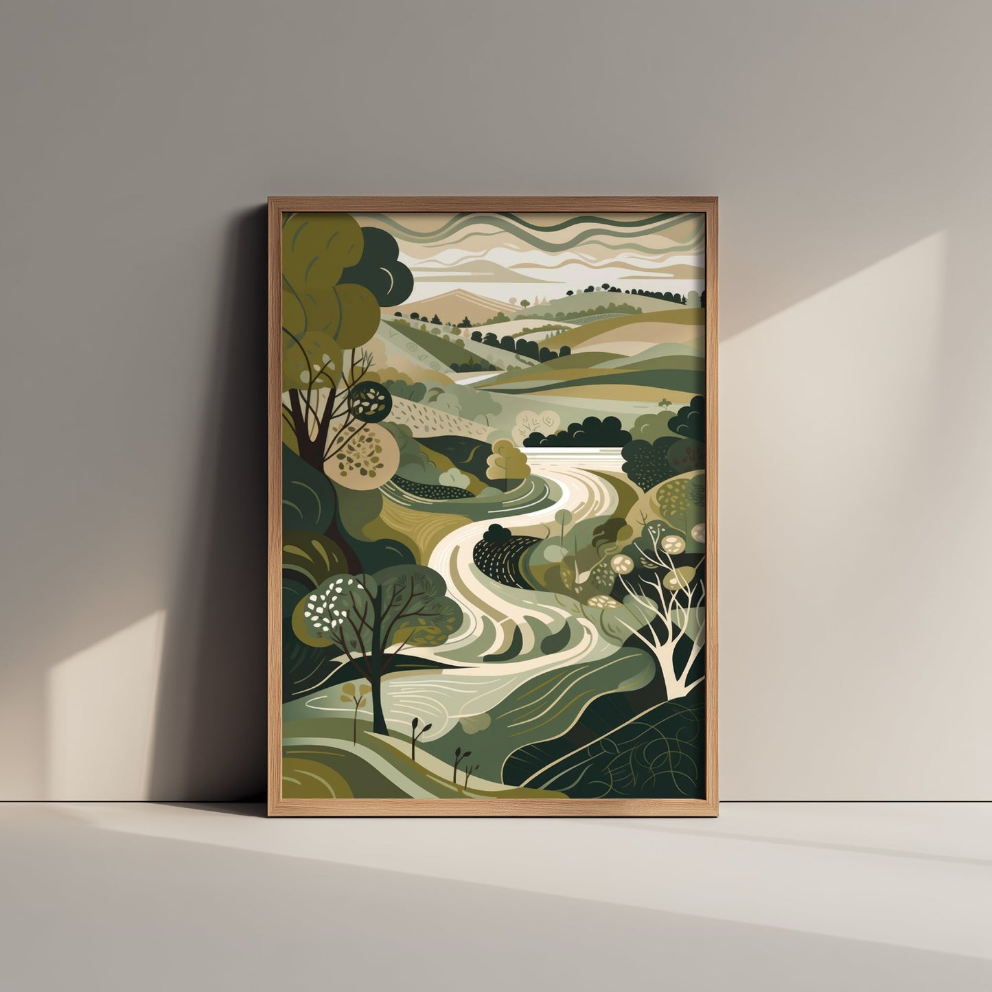 Olive Green Valley Art Print - Winding River Folk Illustration - Patchwork Countryside Poster 2/3