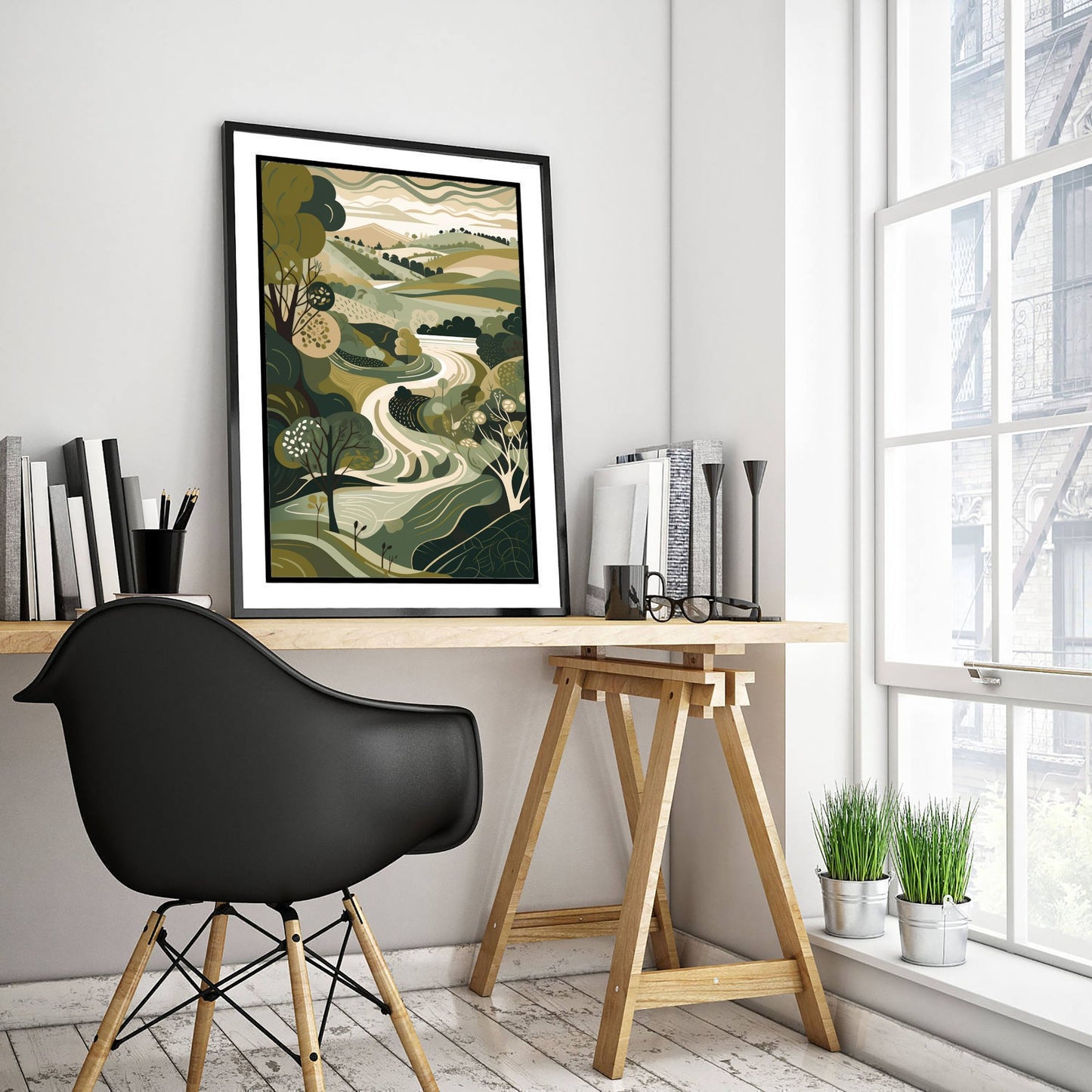 Olive Green Valley Art Print - Winding River Folk Illustration - Patchwork Countryside Poster 2/3