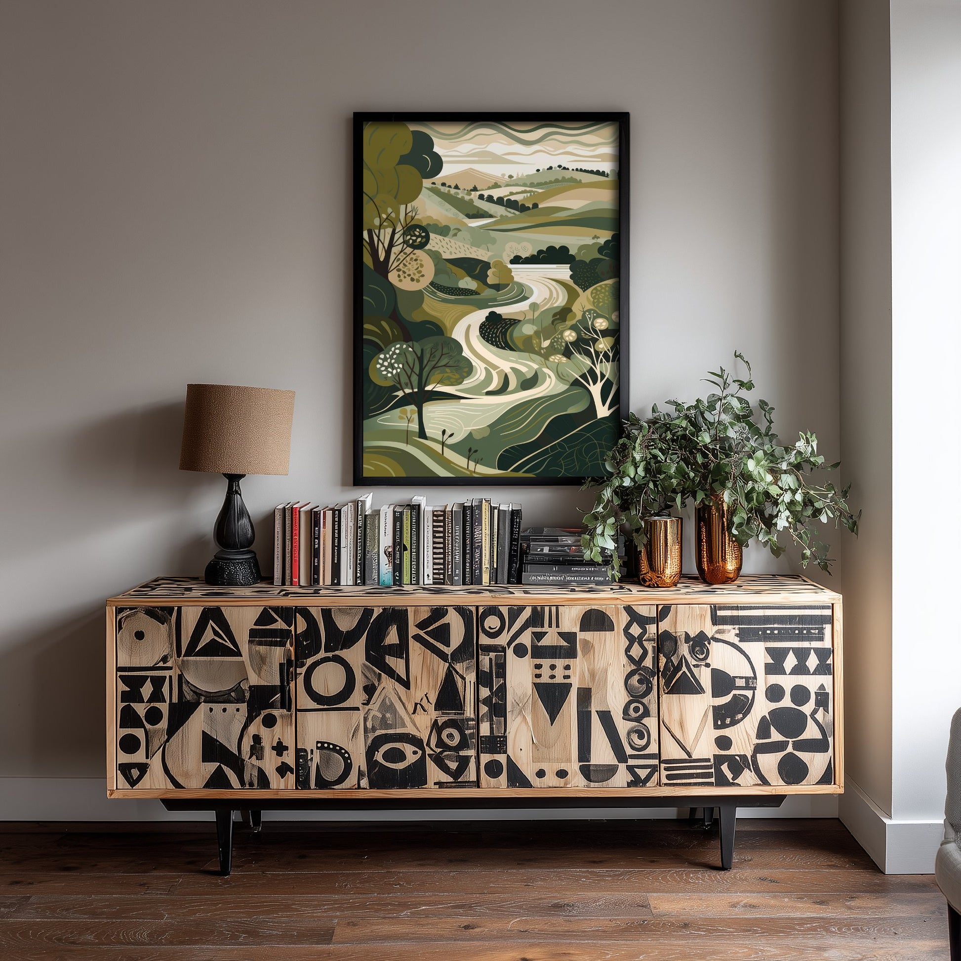 Olive Green Valley Art Print - Winding River Folk Illustration - Patchwork Countryside Poster 2/3