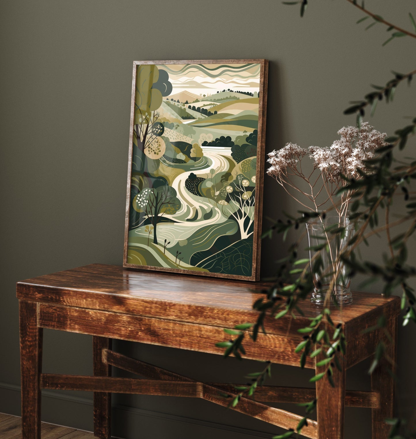 Olive Green Valley Art Print - Winding River Folk Illustration - Patchwork Countryside Poster 2/3
