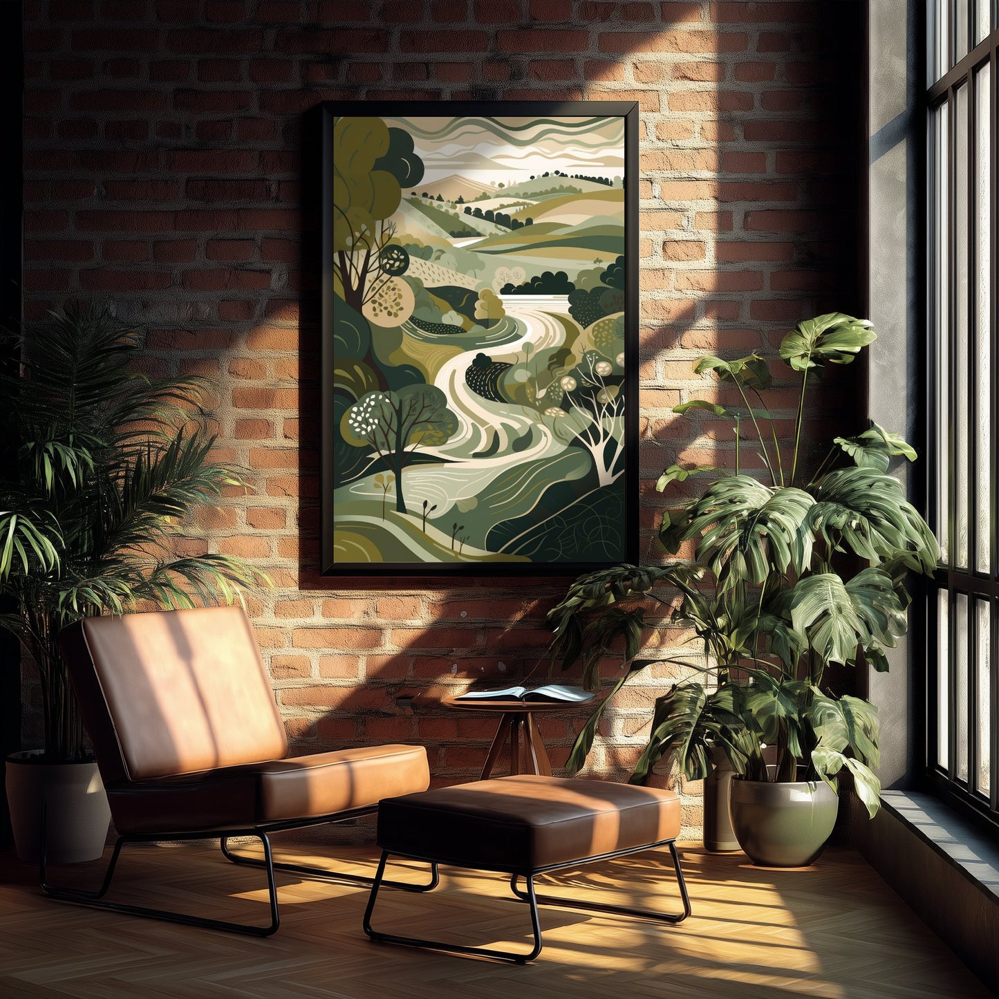 Olive Green Valley Art Print - Winding River Folk Illustration - Patchwork Countryside Poster 2/3