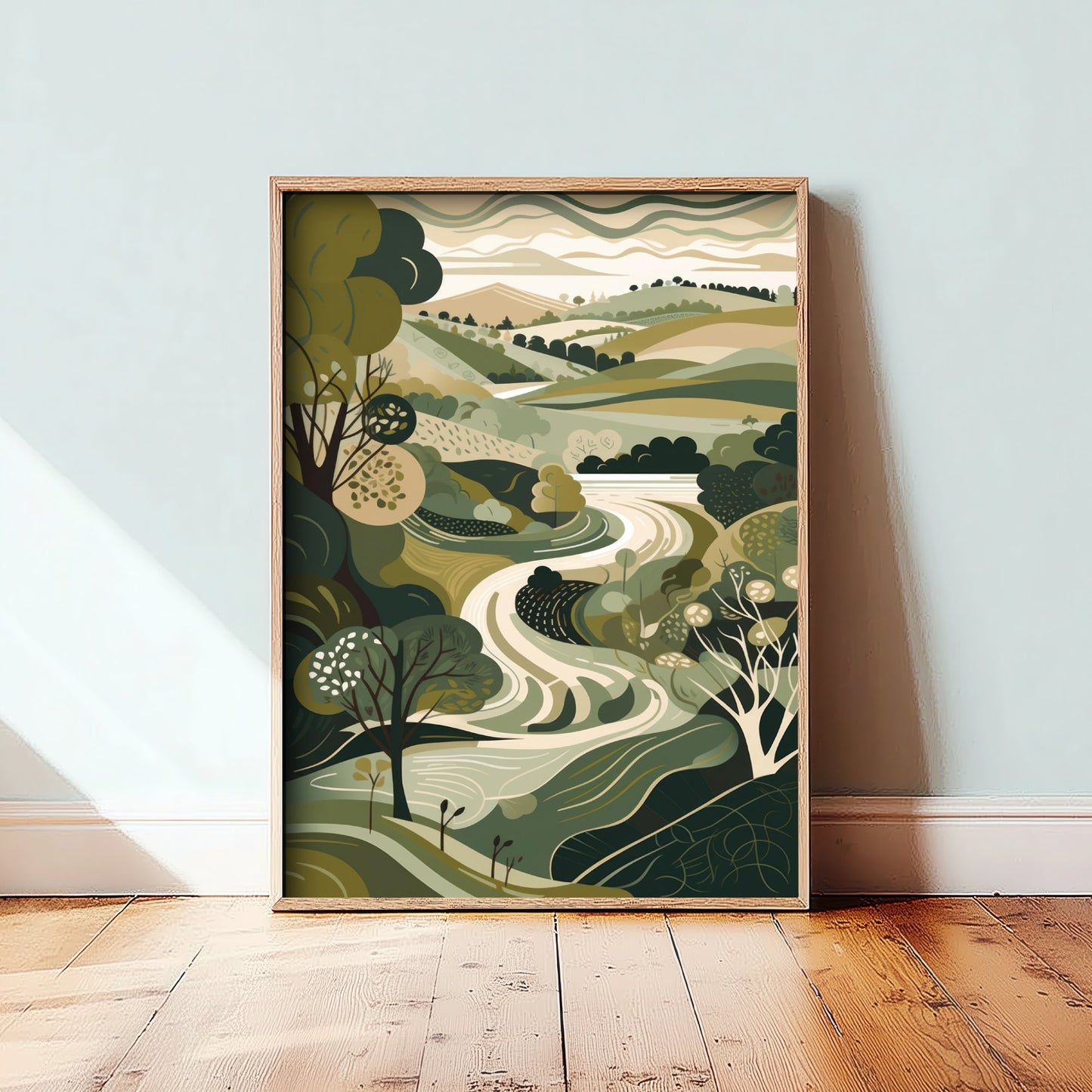 Olive Green Valley Art Print - Winding River Folk Illustration - Patchwork Countryside Poster 2/3
