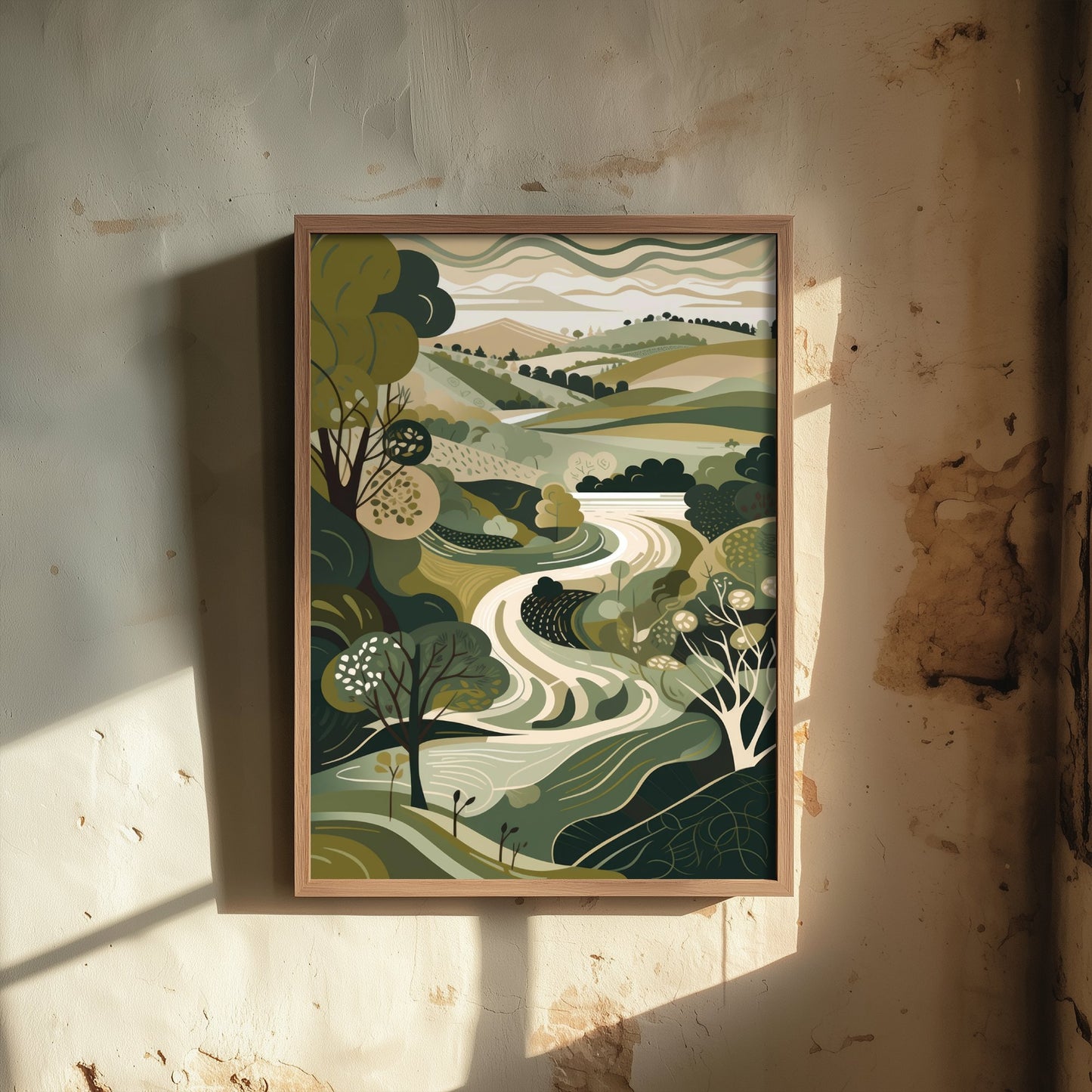 Olive Green Valley Art Print - Winding River Folk Illustration - Patchwork Countryside Poster 2/3