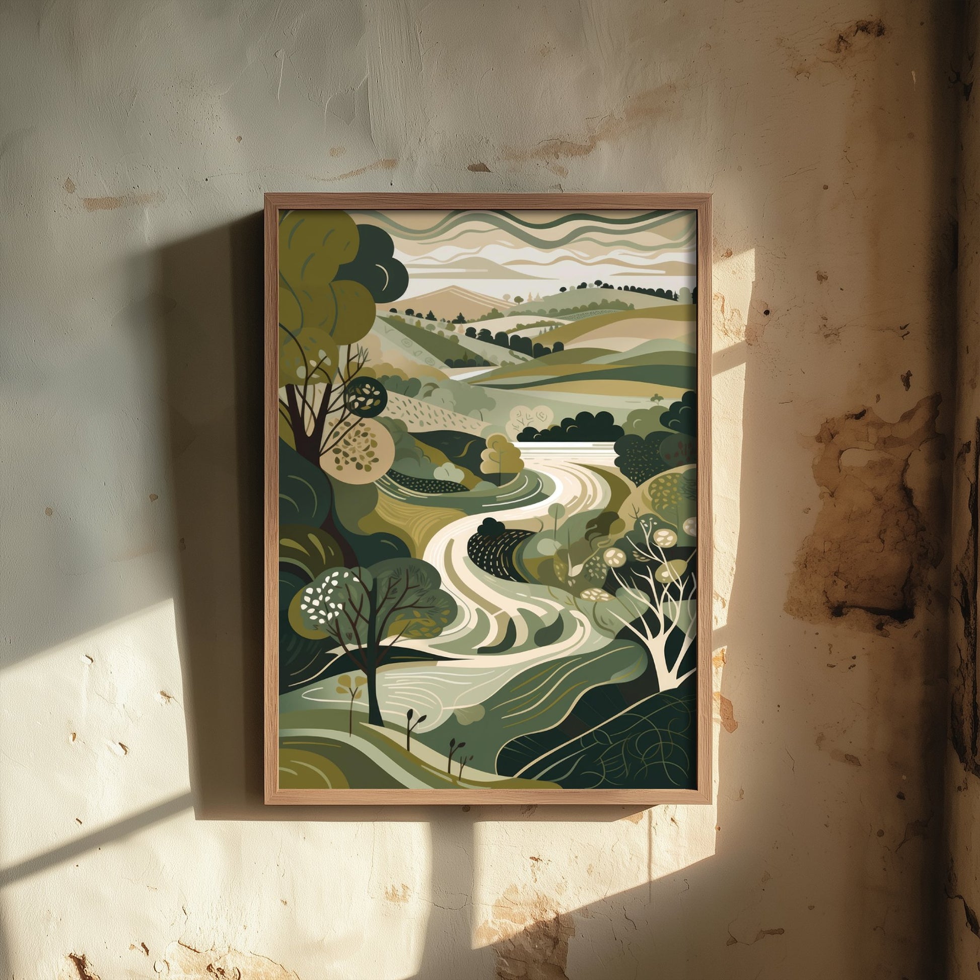 Olive Green Valley Art Print - Winding River Folk Illustration - Patchwork Countryside Poster 2/3