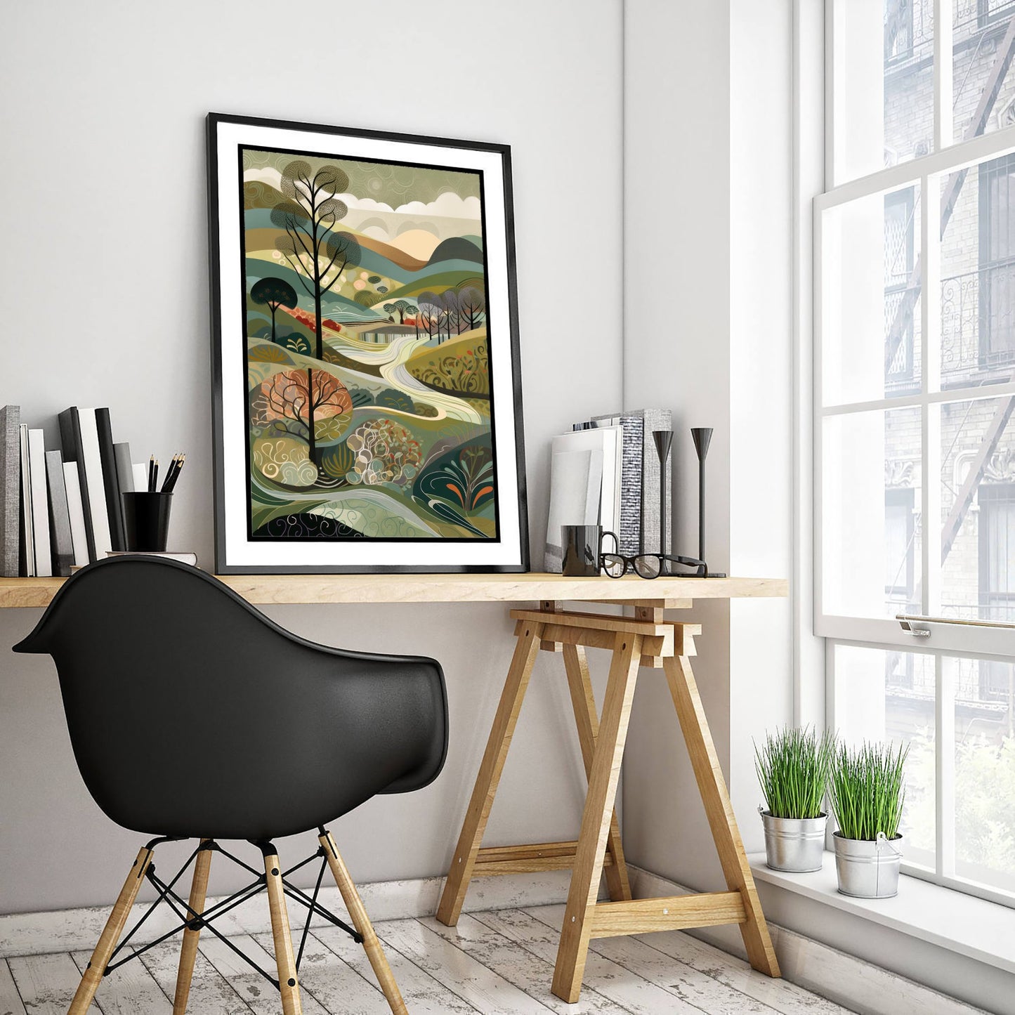 Olive Green Trees Art Print - Folk Art Countryside Illustration - Patchwork Landscape Poster 3/3