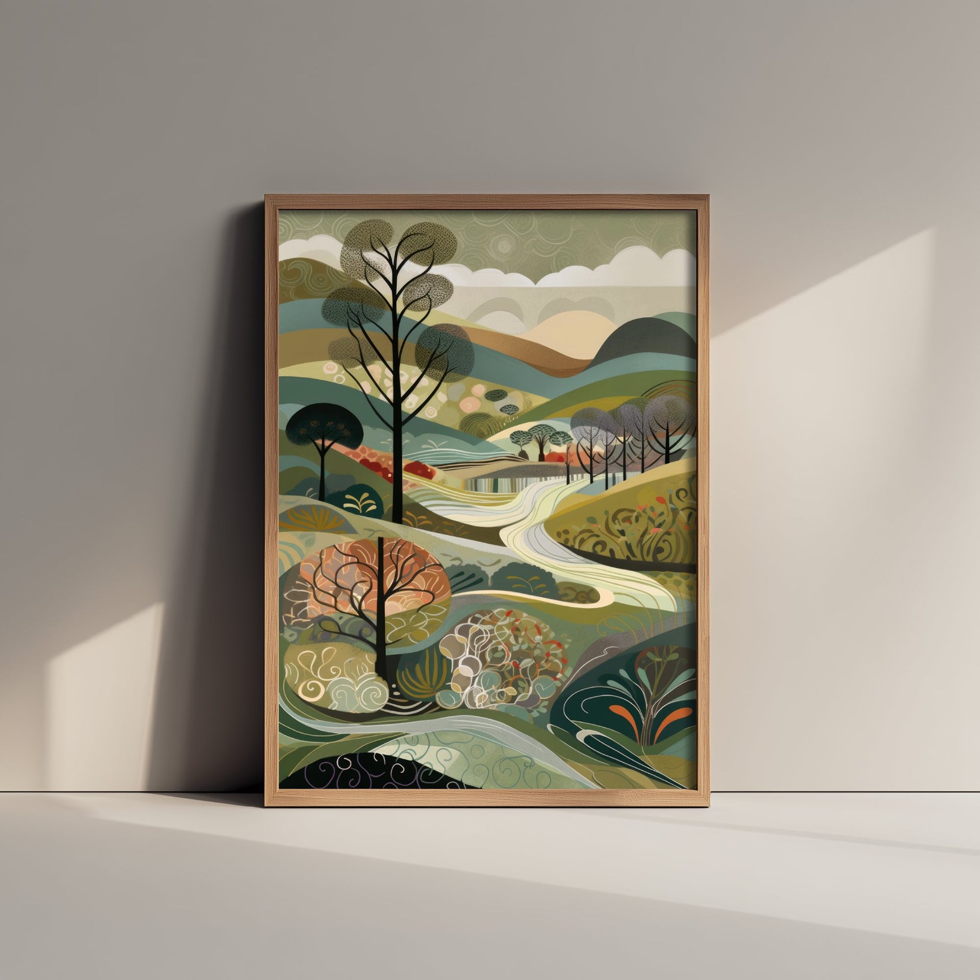 Olive Green Trees Art Print - Folk Art Countryside Illustration - Patchwork Landscape Poster 3/3