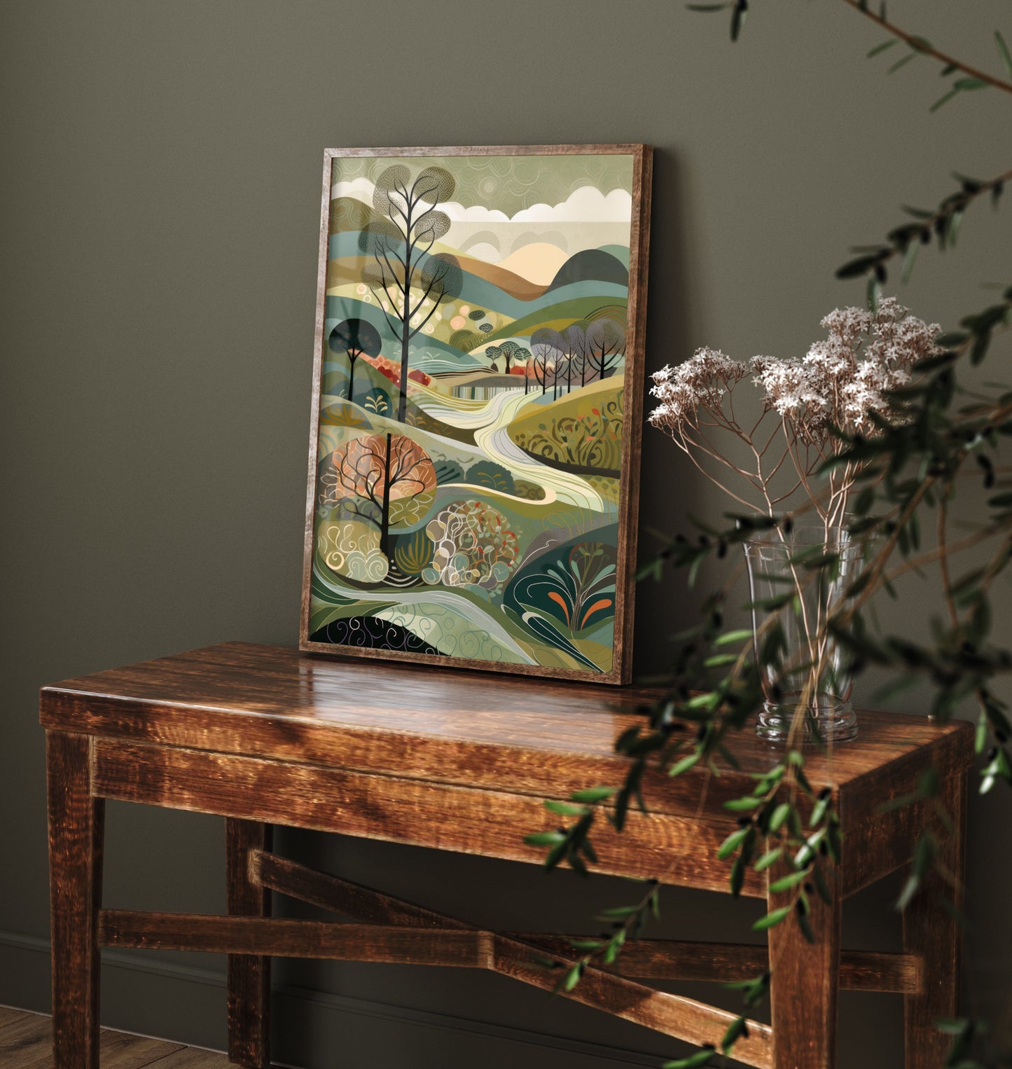 Olive Green Trees Art Print - Folk Art Countryside Illustration - Patchwork Landscape Poster 3/3