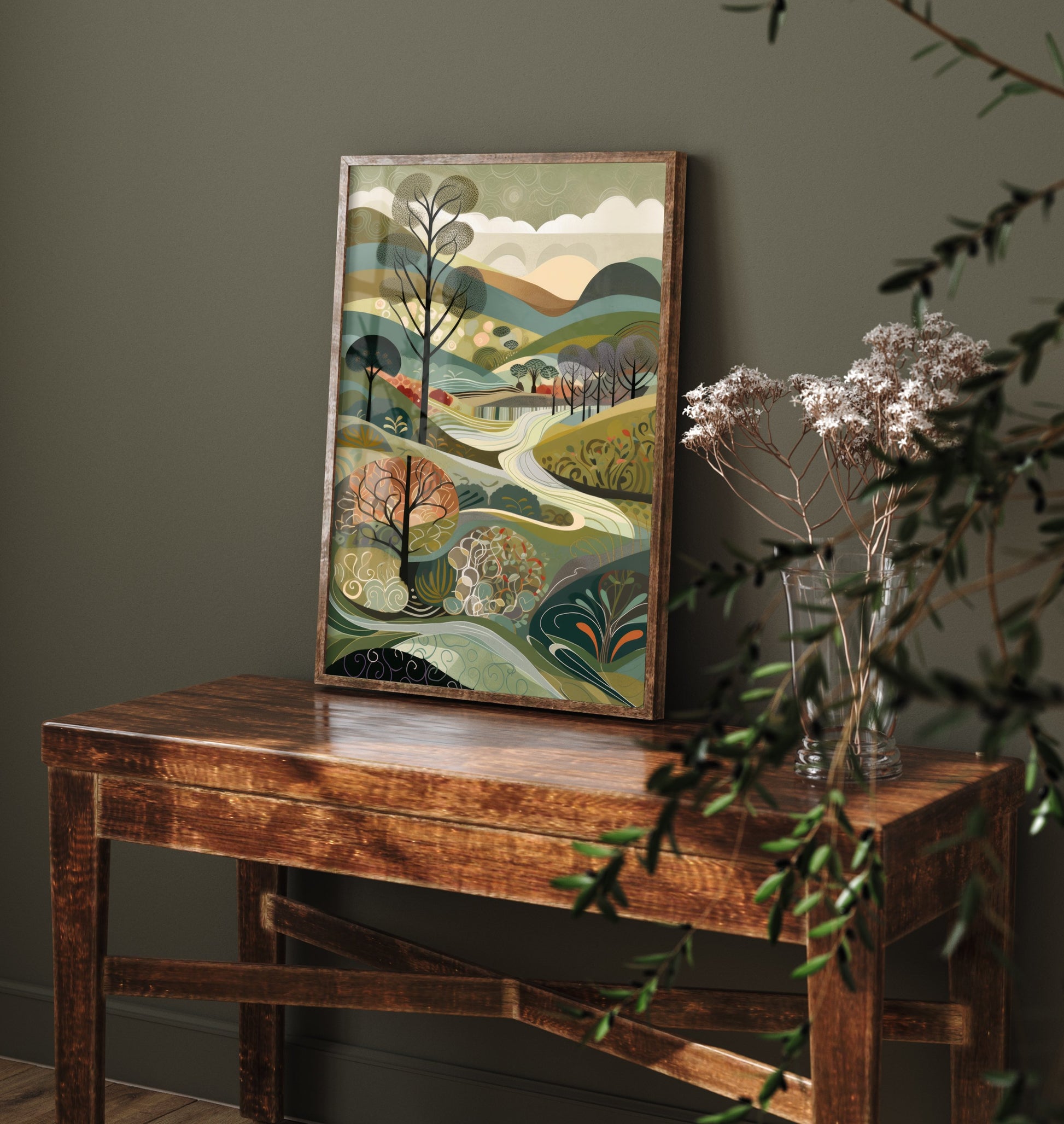 Olive Green Trees Art Print - Folk Art Countryside Illustration - Patchwork Landscape Poster 3/3