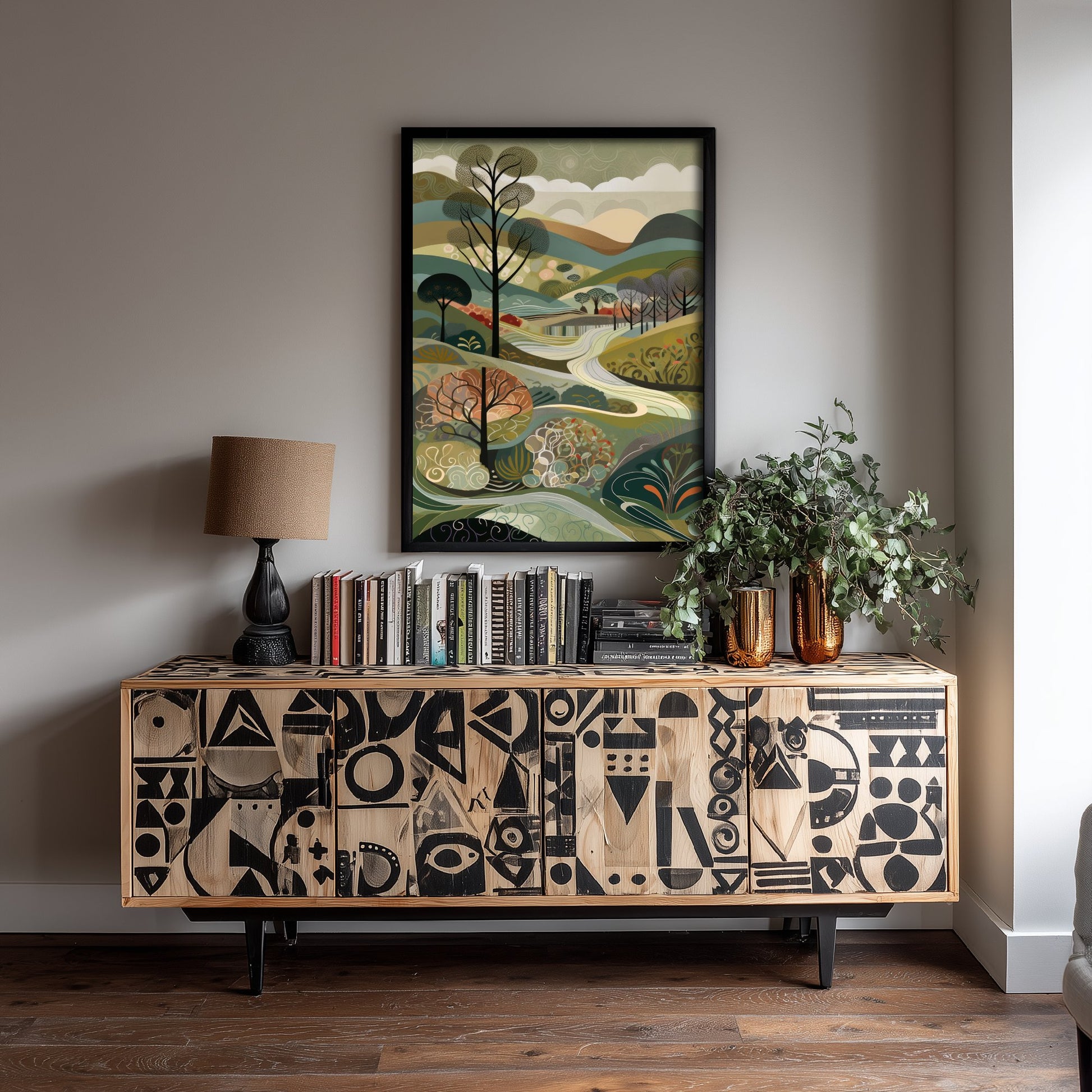 Olive Green Trees Art Print - Folk Art Countryside Illustration - Patchwork Landscape Poster 3/3