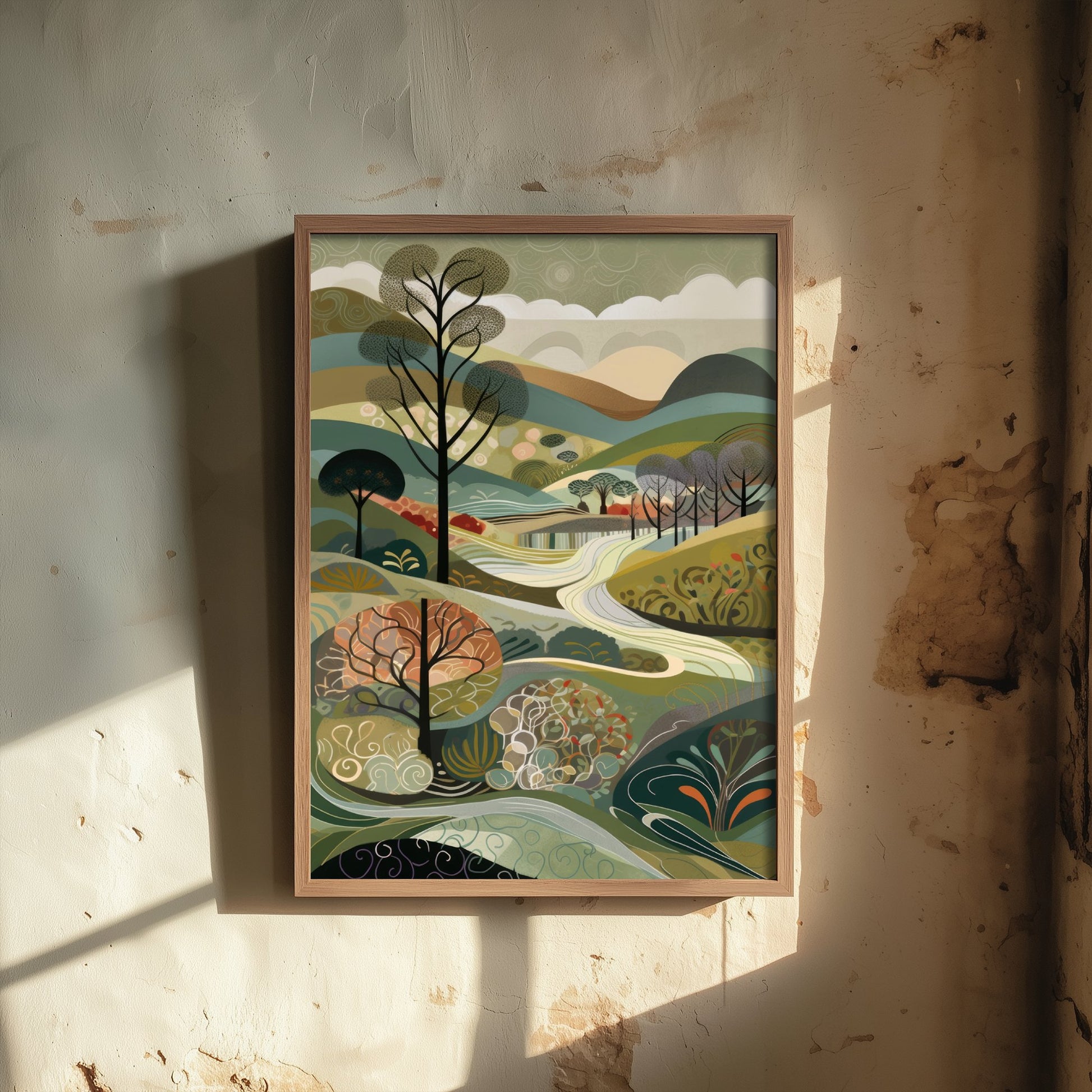 Olive Green Trees Art Print - Folk Art Countryside Illustration - Patchwork Landscape Poster 3/3