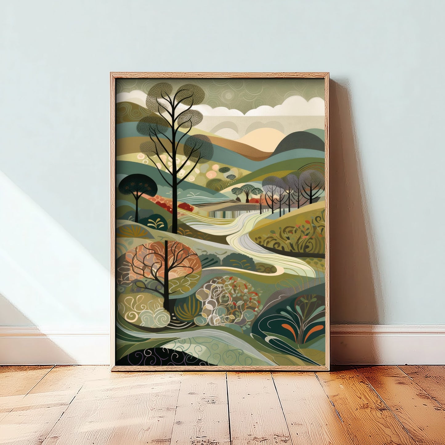 Olive Green Trees Art Print - Folk Art Countryside Illustration - Patchwork Landscape Poster 3/3