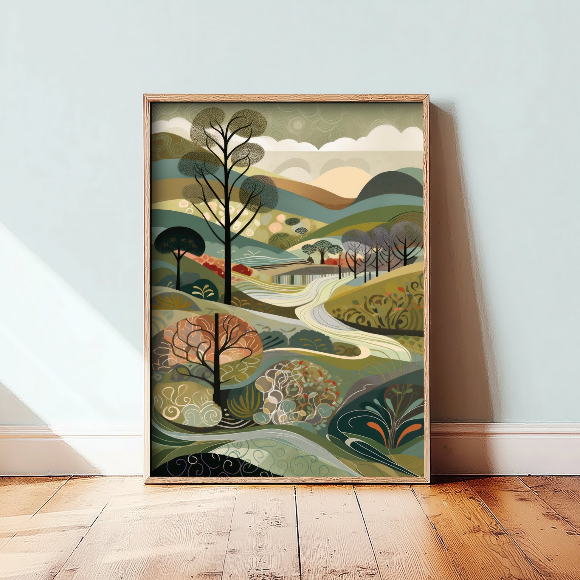 Olive Green Trees Art Print - Folk Art Countryside Illustration - Patchwork Landscape Poster 3/3