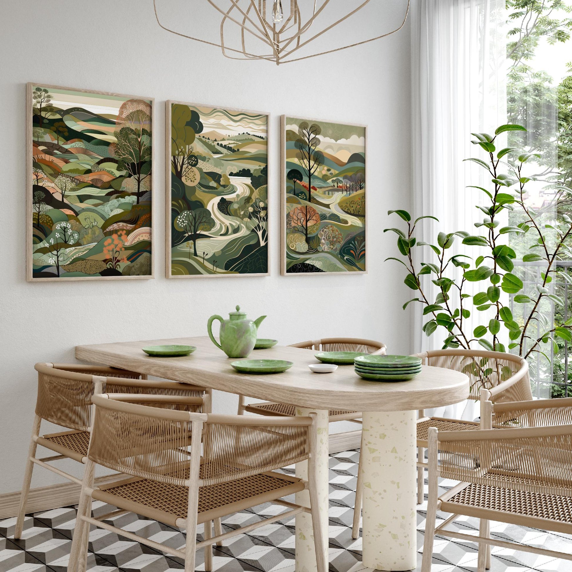 A Landscape in Olive Set of Three Art Prints - 3 Sage Green Folk Art Posters - Patchwork Fields and Trees Countryside Illustration