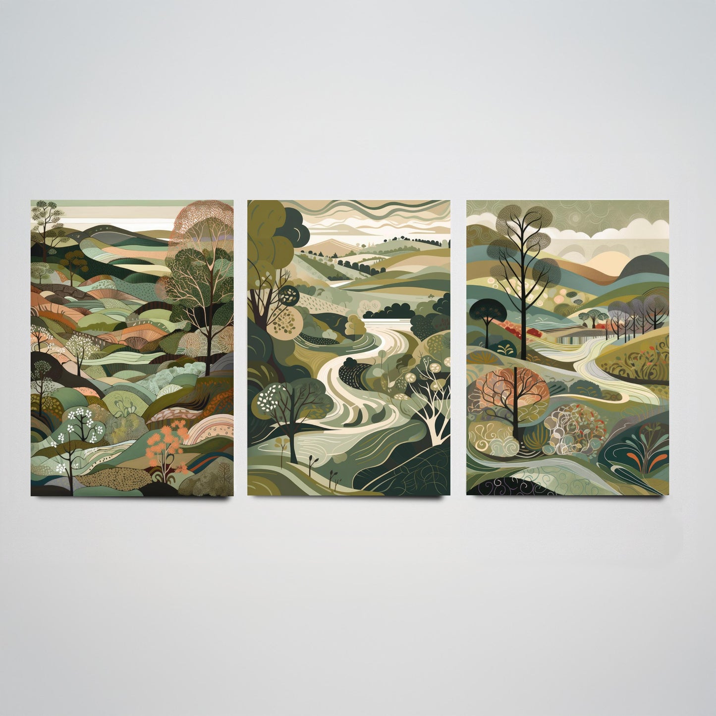 A Landscape in Olive Set of Three Art Prints - 3 Sage Green Folk Art Posters - Patchwork Fields and Trees Countryside Illustration