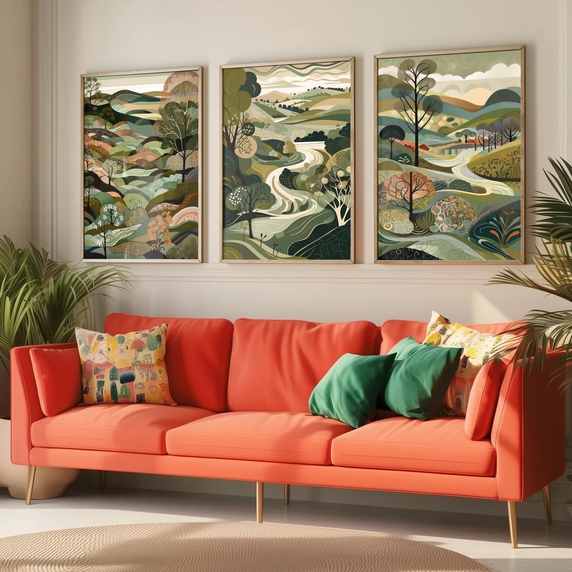 A Landscape in Olive Set of Three Art Prints - 3 Sage Green Folk Art Posters - Patchwork Fields and Trees Countryside Illustration