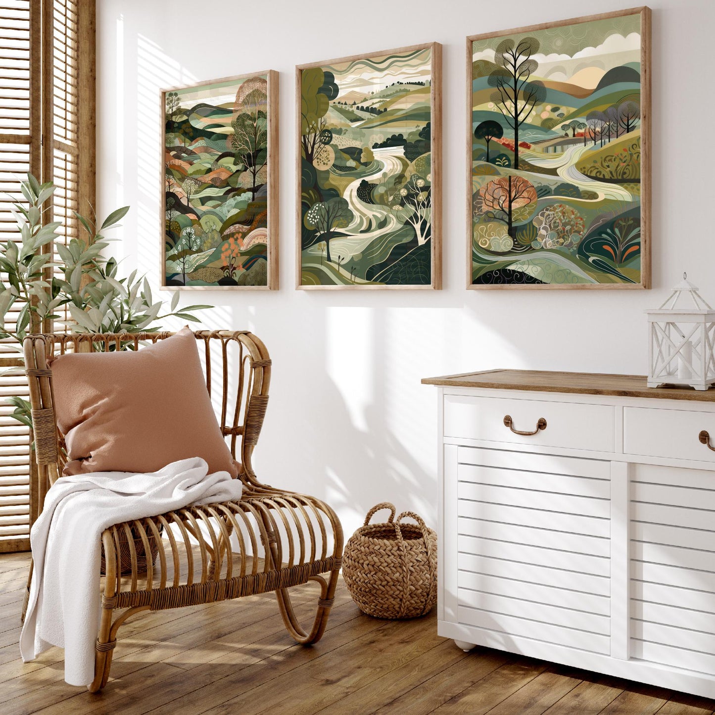 A Landscape in Olive Set of Three Art Prints - 3 Sage Green Folk Art Posters - Patchwork Fields and Trees Countryside Illustration