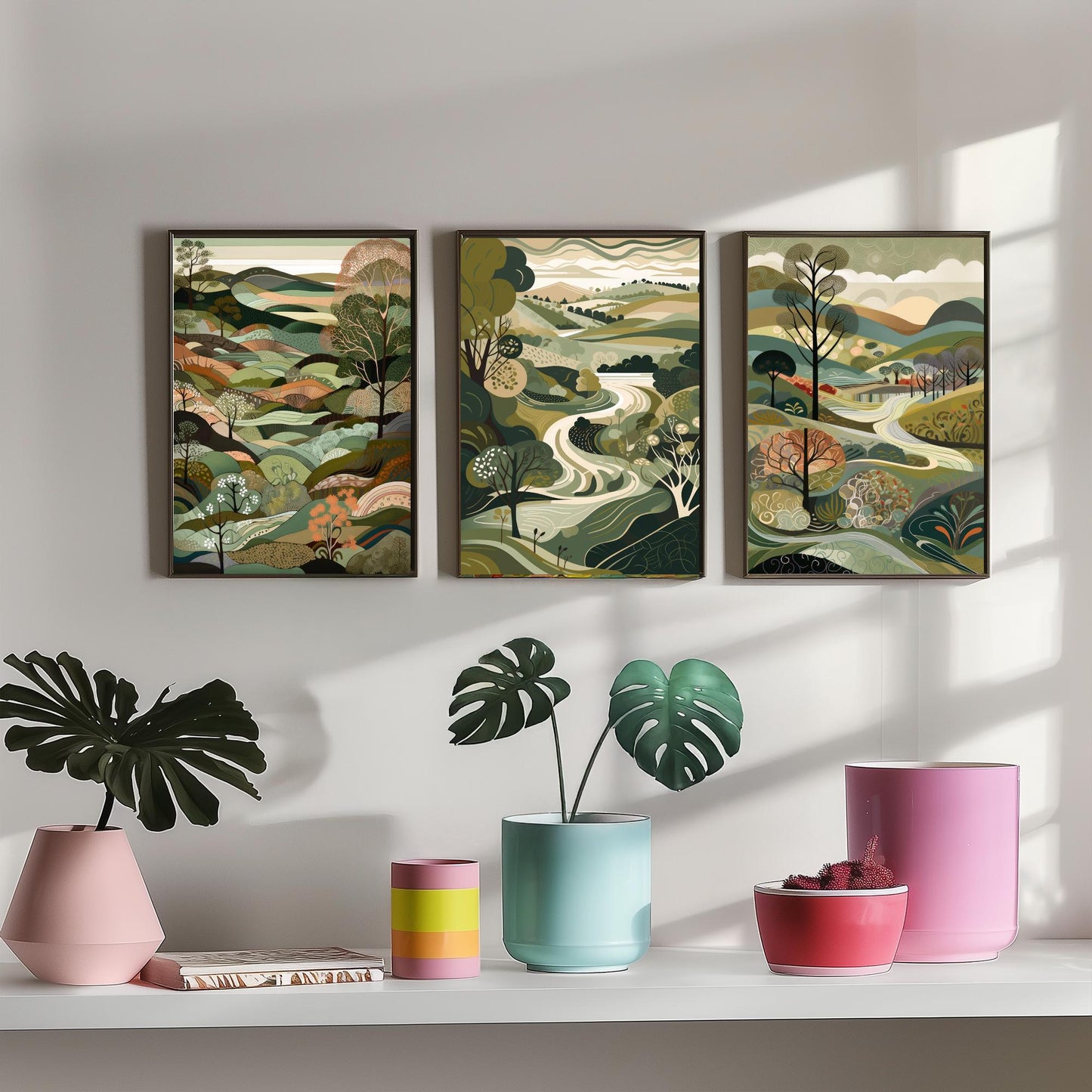A Landscape in Olive Set of Three Art Prints - 3 Sage Green Folk Art Posters - Patchwork Fields and Trees Countryside Illustration
