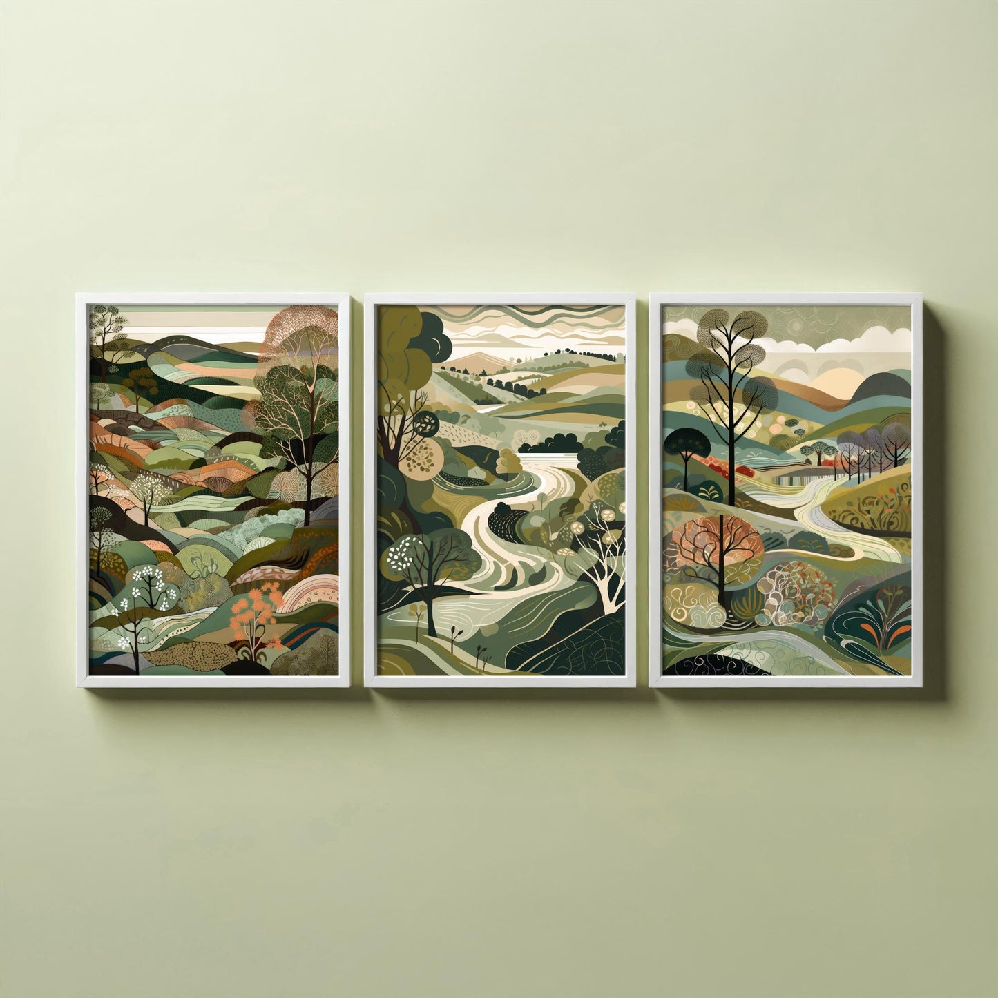 A Landscape in Olive Set of Three Art Prints - 3 Sage Green Folk Art Posters - Patchwork Fields and Trees Countryside Illustration