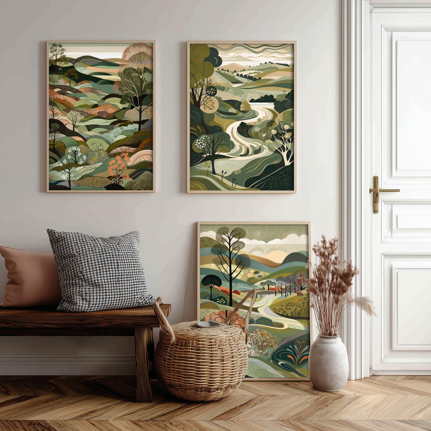 A Landscape in Olive Set of Three Art Prints - 3 Sage Green Folk Art Posters - Patchwork Fields and Trees Countryside Illustration