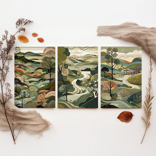 A Landscape in Olive Set of Three Art Prints - 3 Sage Green Folk Art Posters - Patchwork Fields and Trees Countryside Illustration